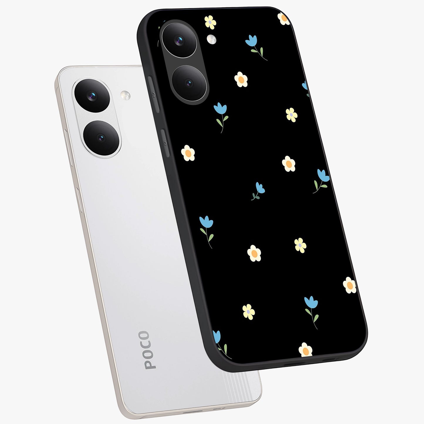 Minimal Petal Whispers Glass Case displayed in angled mockup highlighting delicate petal design with clean minimal aesthetic.