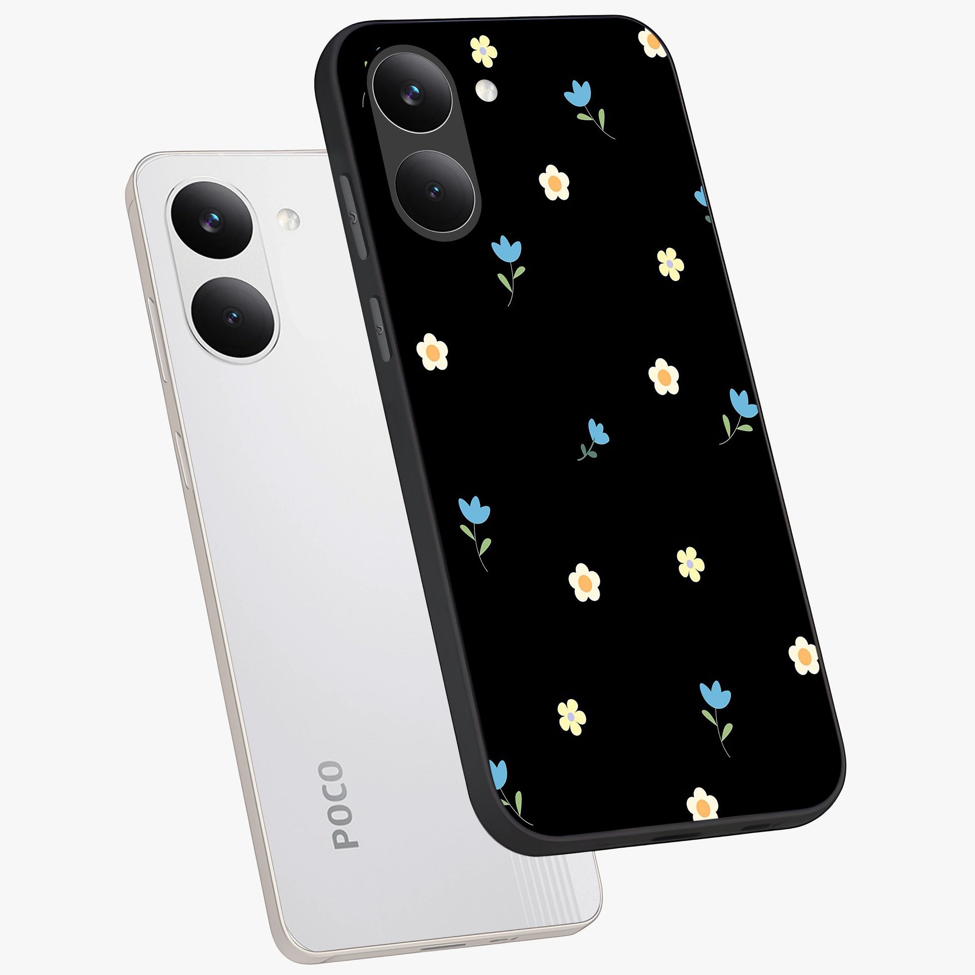Minimal Petal Whispers Glass Case displayed in angled mockup highlighting delicate petal design with clean minimal aesthetic.