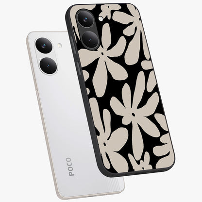 Monochrome Petal Dance Glass Case displayed in angled mockup highlighting elegant petal design with black and white aesthetic.