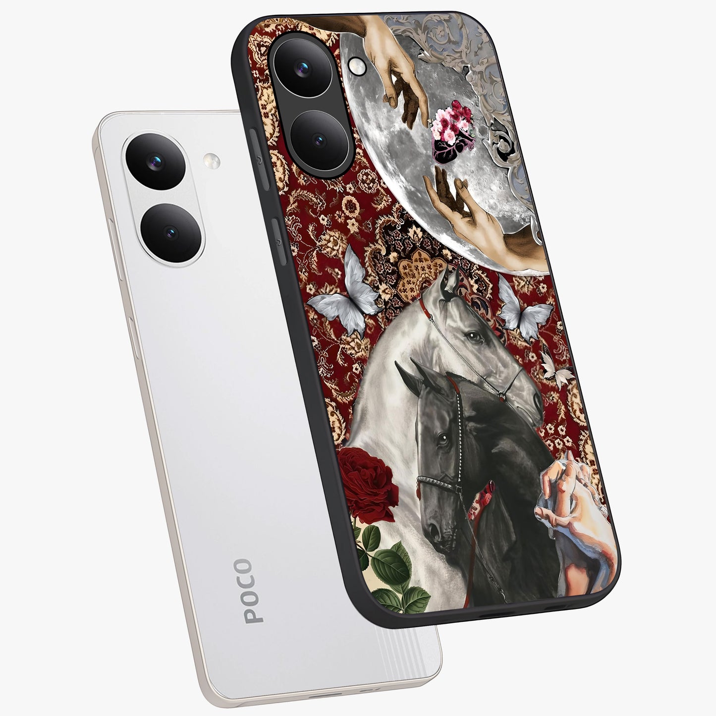 Moonlit Royal Stallion Glass Case displayed in angled mockup highlighting powerful stallion illustration with royal night aesthetic.