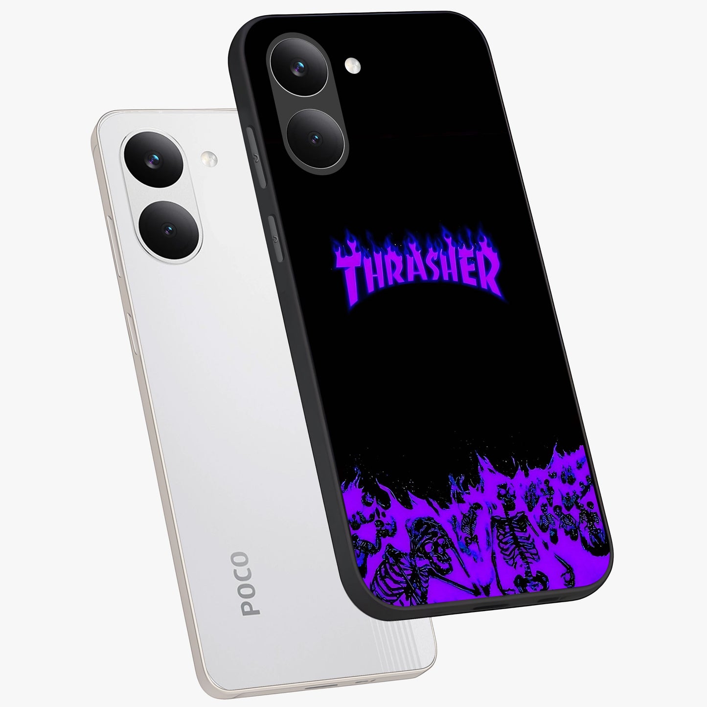 Neon Flame Riot Glass Case displayed in angled mockup highlighting glowing flame design with vibrant neon aesthetic.