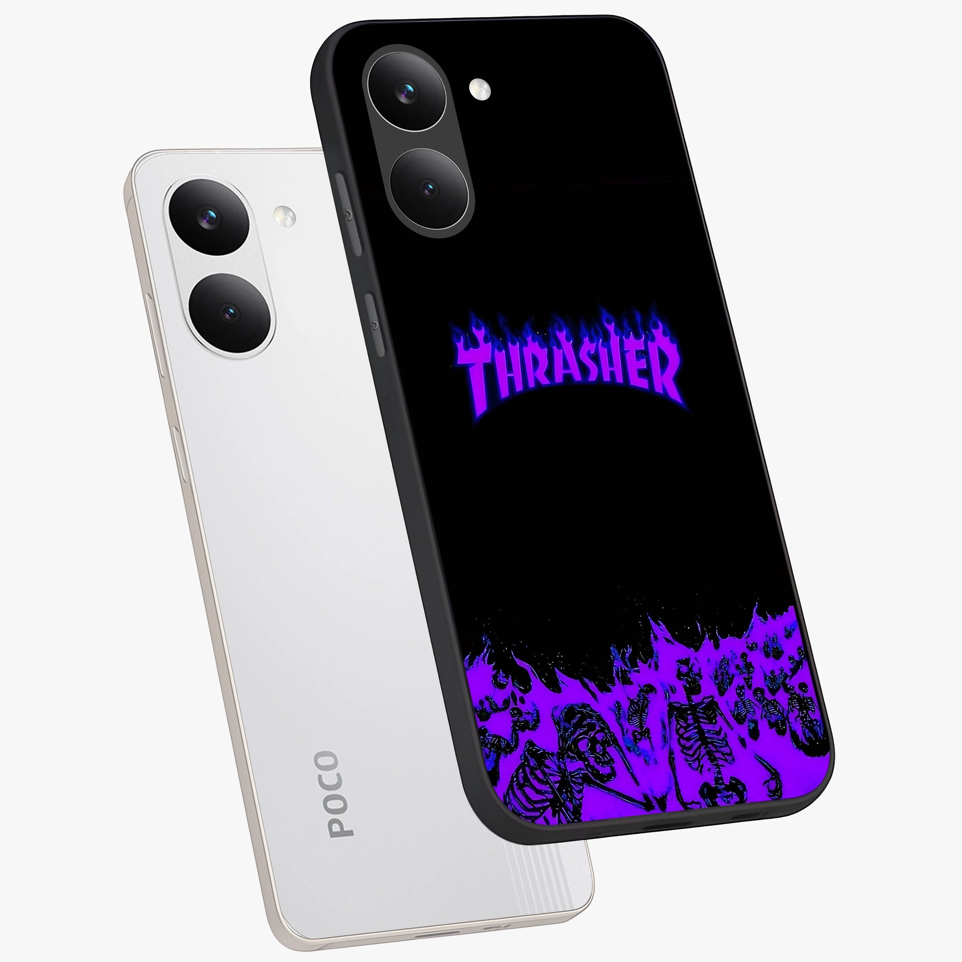 Neon Flame Riot Glass Case displayed in angled mockup highlighting glowing flame design with vibrant neon aesthetic.