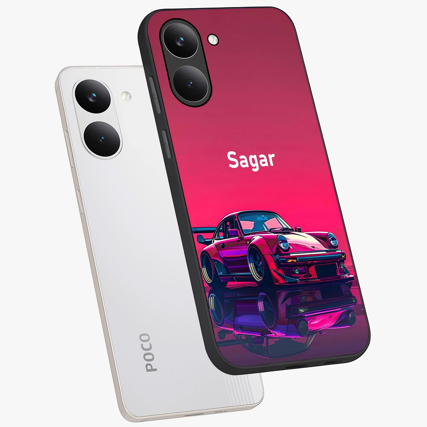 Neon Pink Porsche Glass Case displayed in angled mockup highlighting sleek neon pink car design with racing aesthetic.