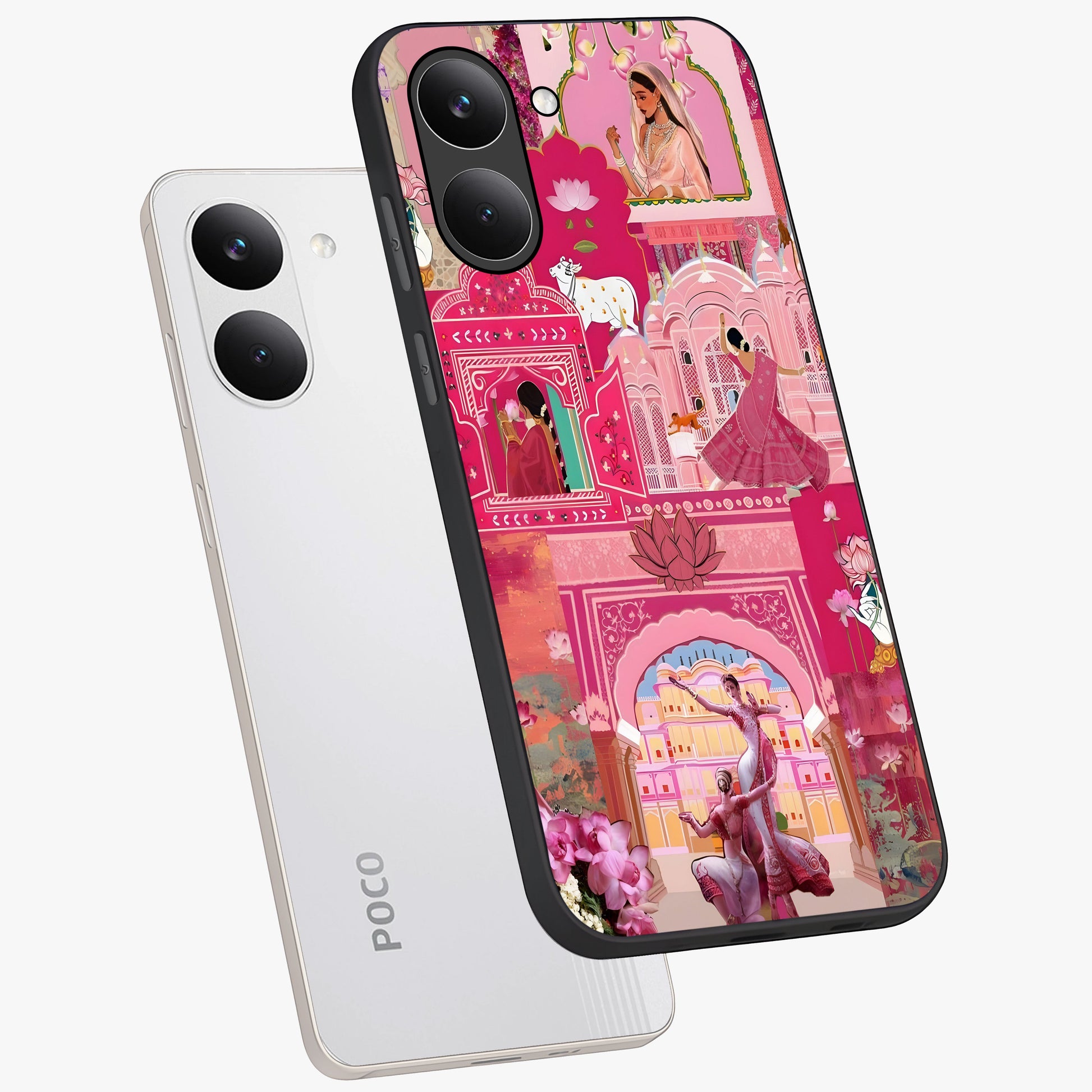Pink Palace Muse Glass Case displayed in angled mockup highlighting dreamy palace illustration with soft pink aesthetic.