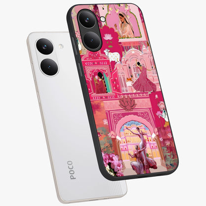 Pink Palace Muse Glass Case displayed in angled mockup highlighting dreamy palace illustration with soft pink aesthetic.