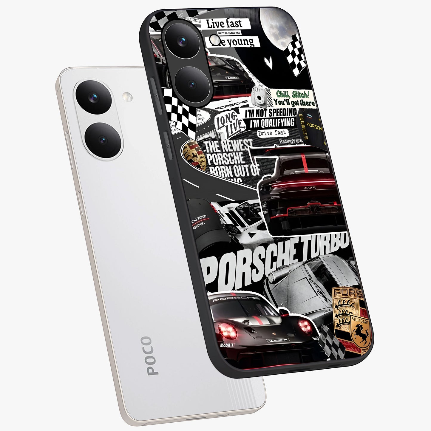 Porsche Racing Collage Glass Case displayed in angled mockup highlighting dynamic automotive design with bold racing aesthetic.