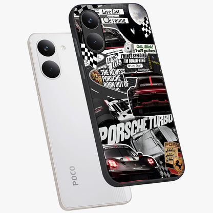 Porsche Racing Collage Glass Case displayed in angled mockup highlighting dynamic automotive design with bold racing aesthetic.