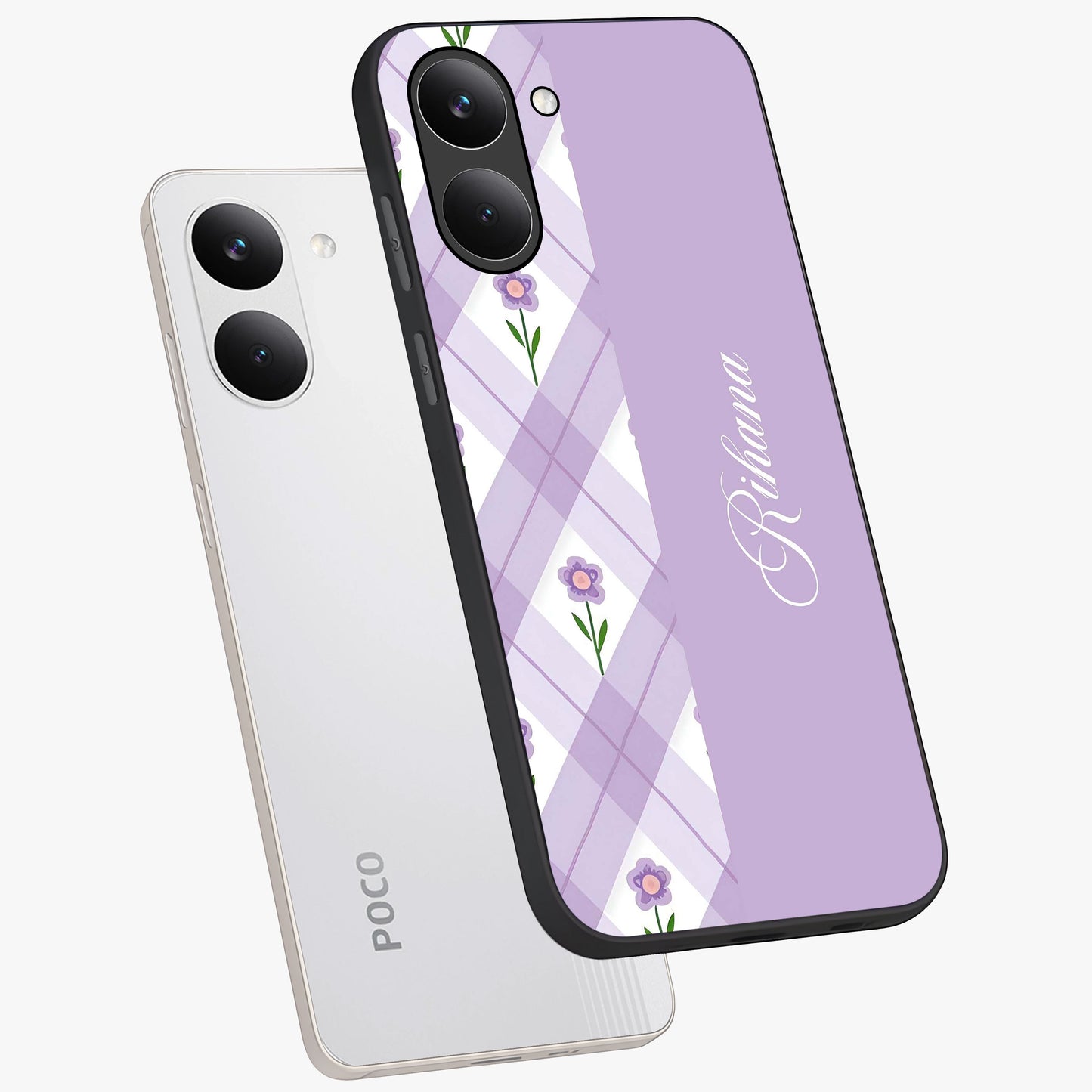 Purple Diamond Floral Glass Case displayed in angled mockup highlighting elegant purple flower design with decorative pattern.