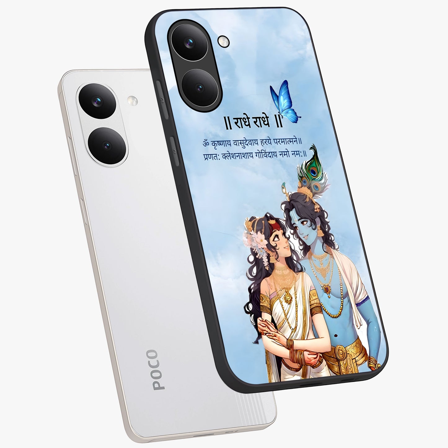 Radha Krishna Eternal Glass Case displayed in angled mockup highlighting divine Radha Krishna illustration with spiritual aesthetic.