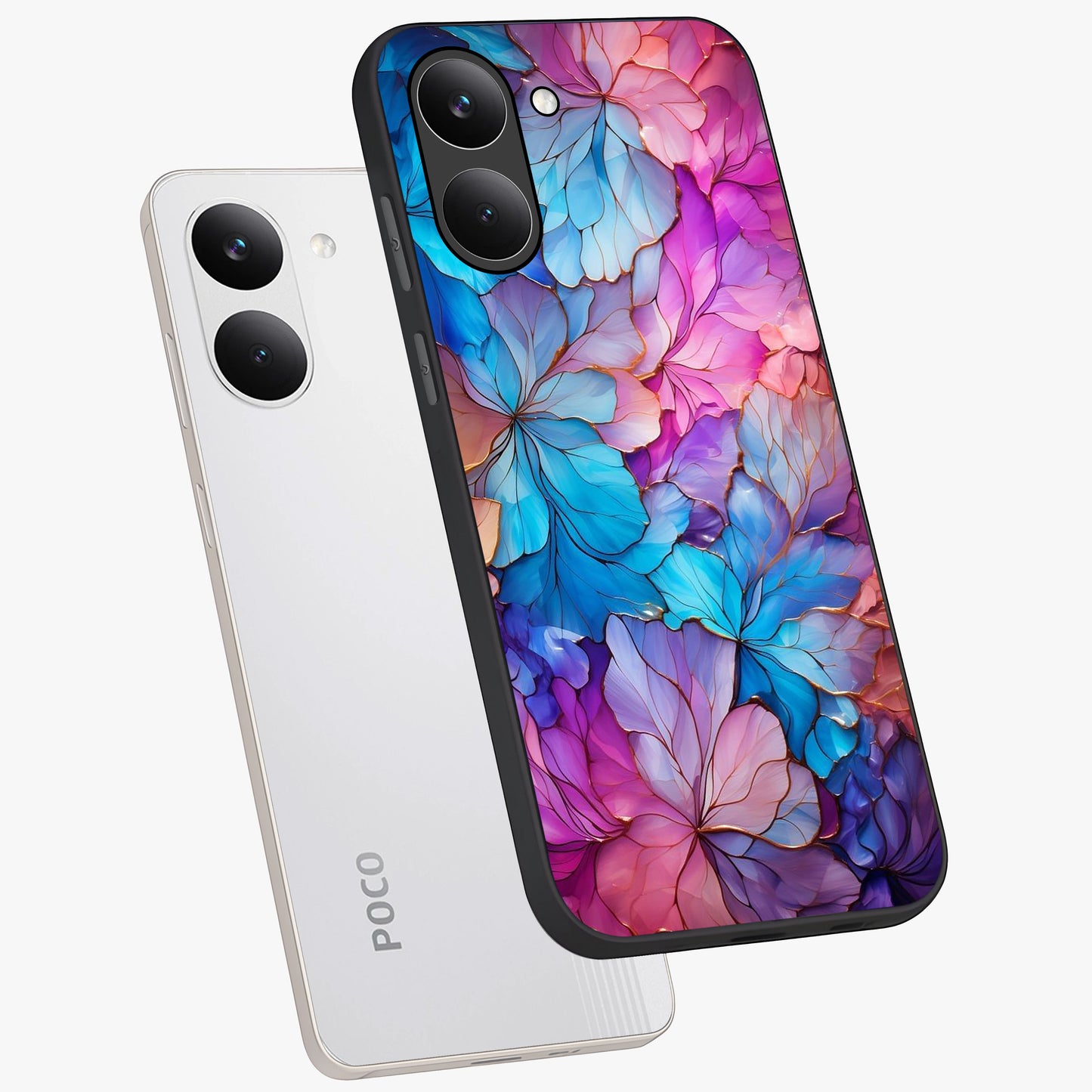Radiant Floral Whirl Glass Case displayed in angled mockup highlighting vibrant flower pattern with dynamic artistic aesthetic.