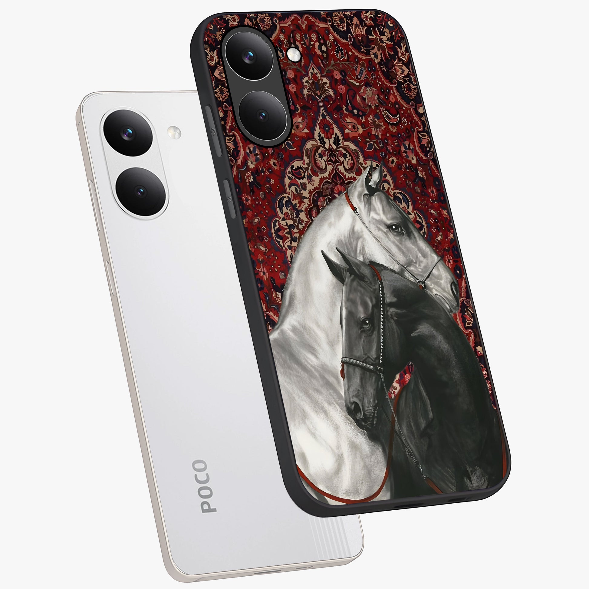 Regal Stallion Tapestry Glass Case displayed in angled mockup highlighting royal stallion design with decorative heritage aesthetic.