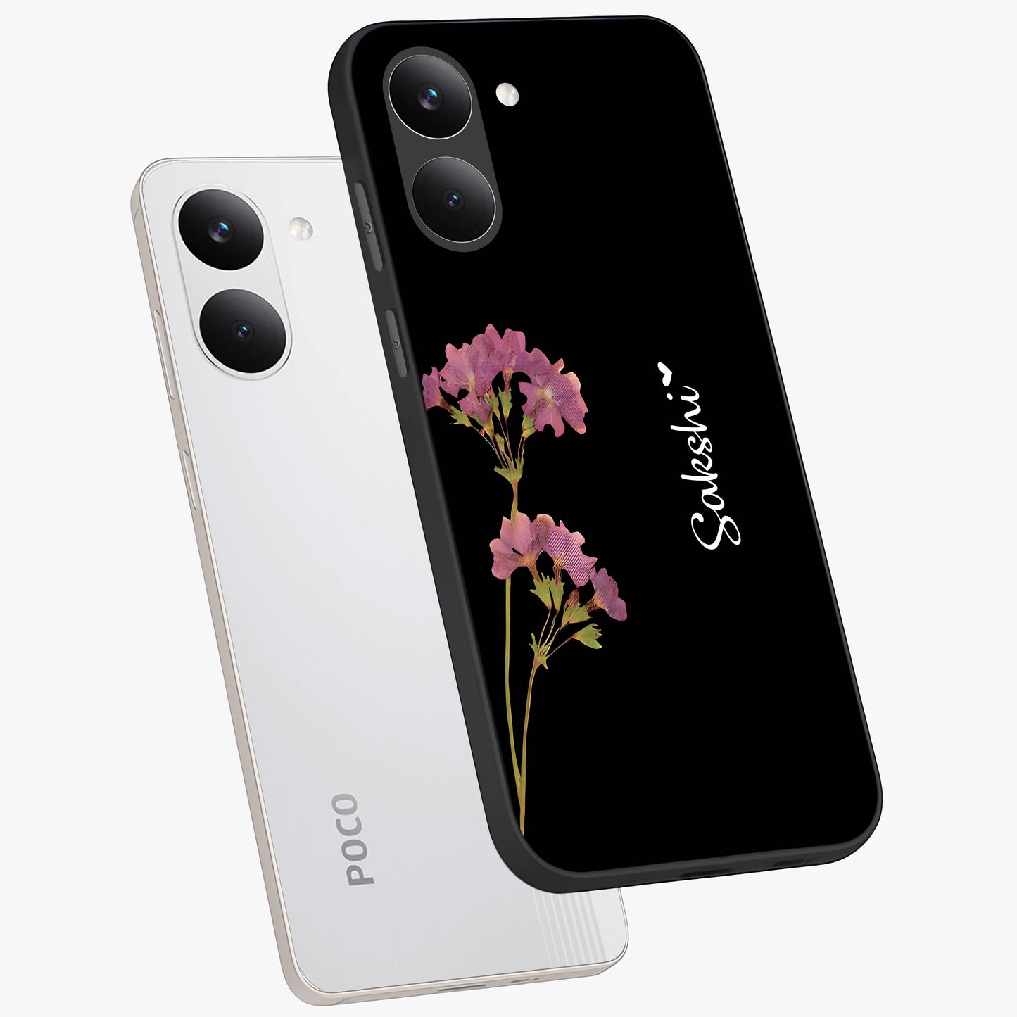 Riching Lavender Flower Custom Name Glass Case displayed in angled mockup highlighting delicate lavender flower design with custom name feature.