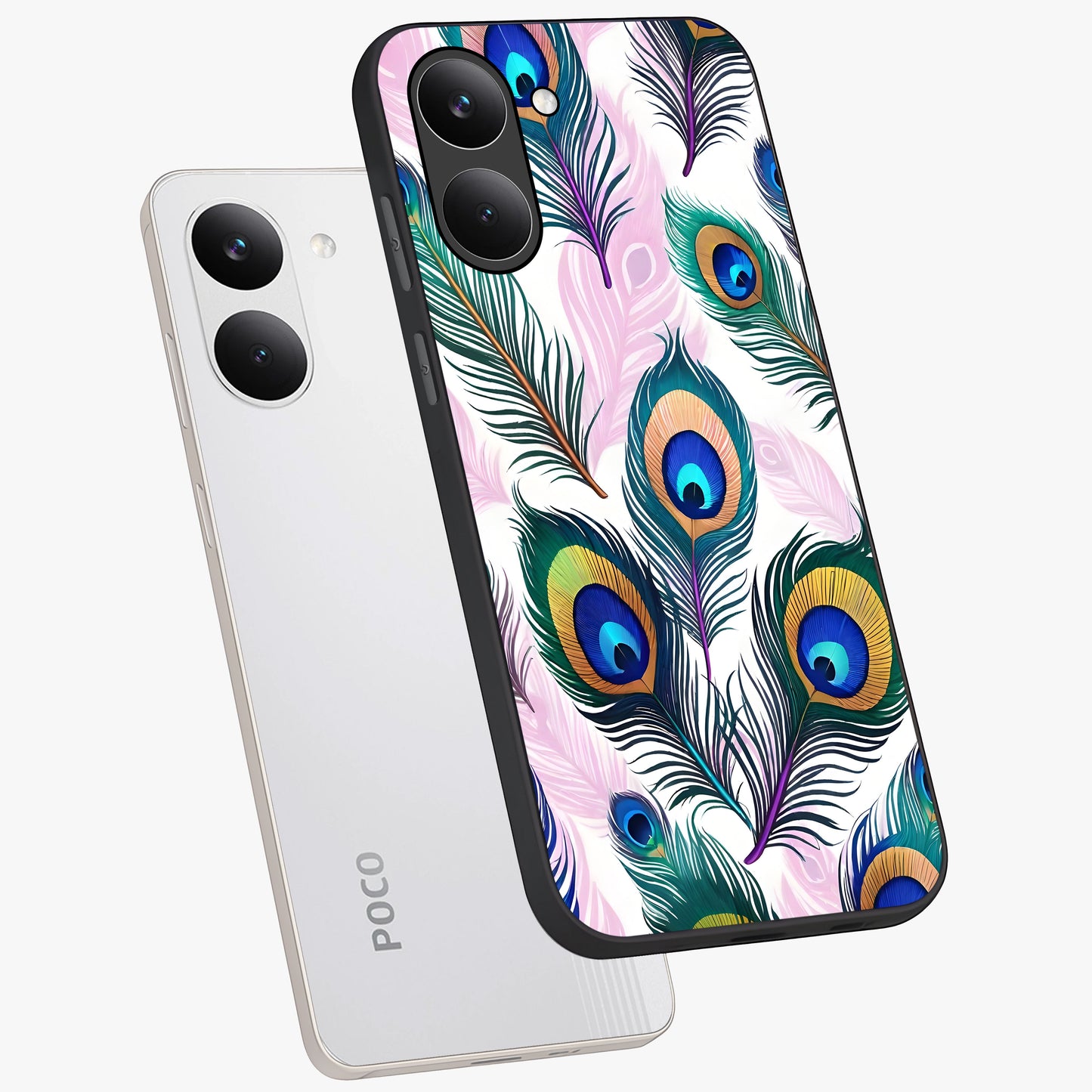 Royal Peacock Feathers Glass Case displayed in angled mockup highlighting vibrant feather pattern with regal aesthetic style.