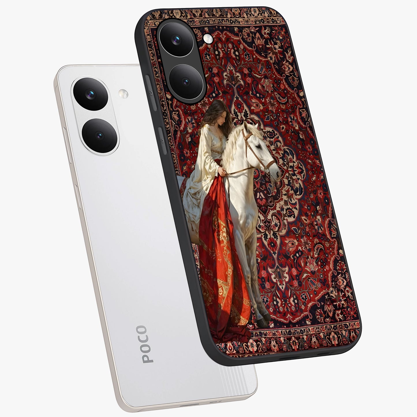 Royal Rider Tapestry Glass Case displayed in angled mockup highlighting traditional tapestry design with royal heritage aesthetic.