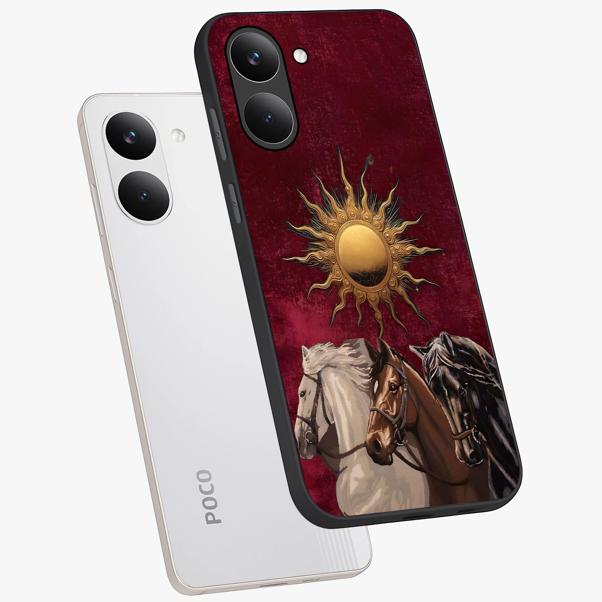 Solar Riders Glass Case displayed in angled mockup highlighting powerful rider illustration with radiant solar aesthetic.