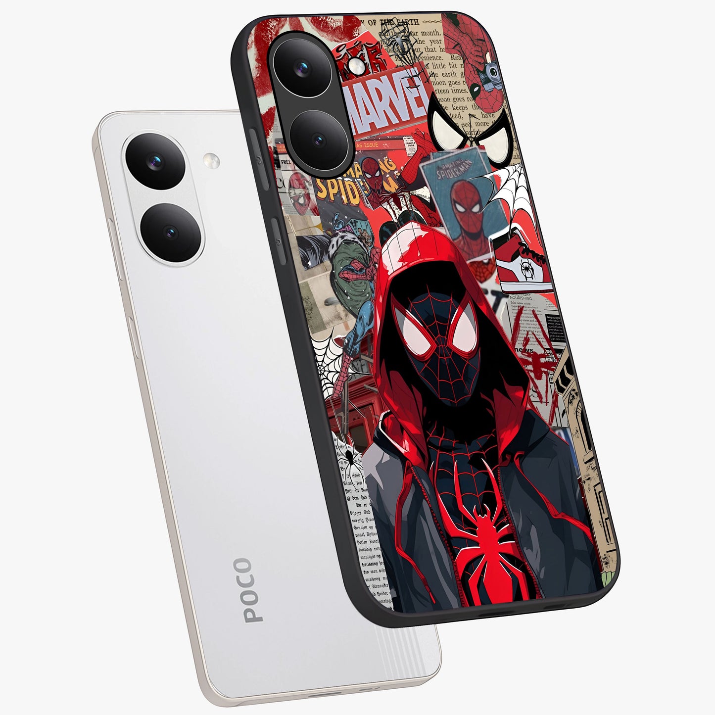 Spider Collage Street Glass Case displayed in angled mockup highlighting dynamic street style collage design with comic aesthetic.