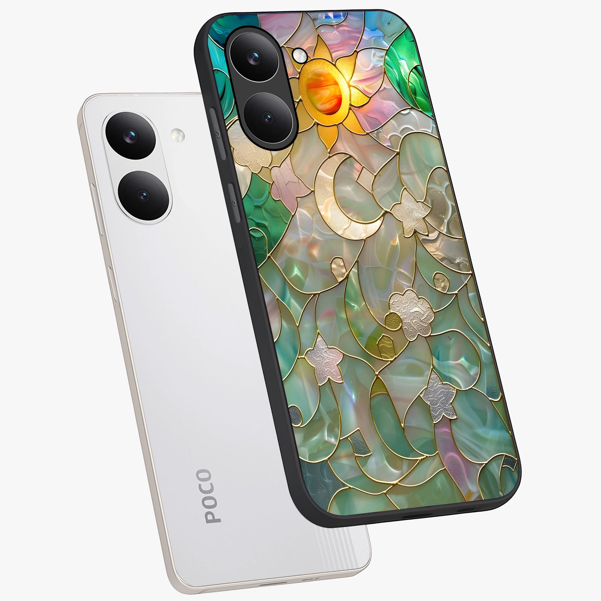 Stained Sunrise Glow Glass Case displayed in angled mockup highlighting radiant sunrise design with artistic aesthetic style.