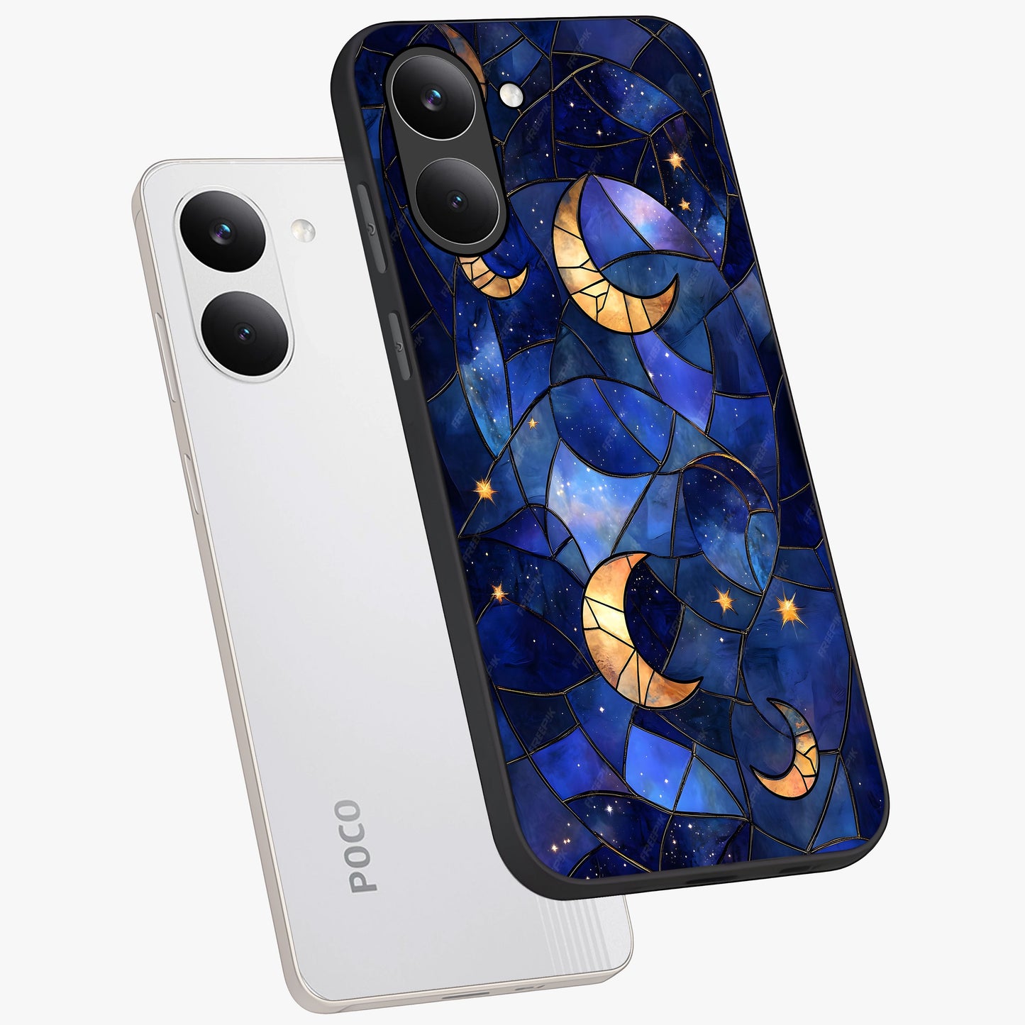 Starlit Sky Tapestry Glass Case displayed in angled mockup highlighting celestial night pattern with artistic aesthetic style.