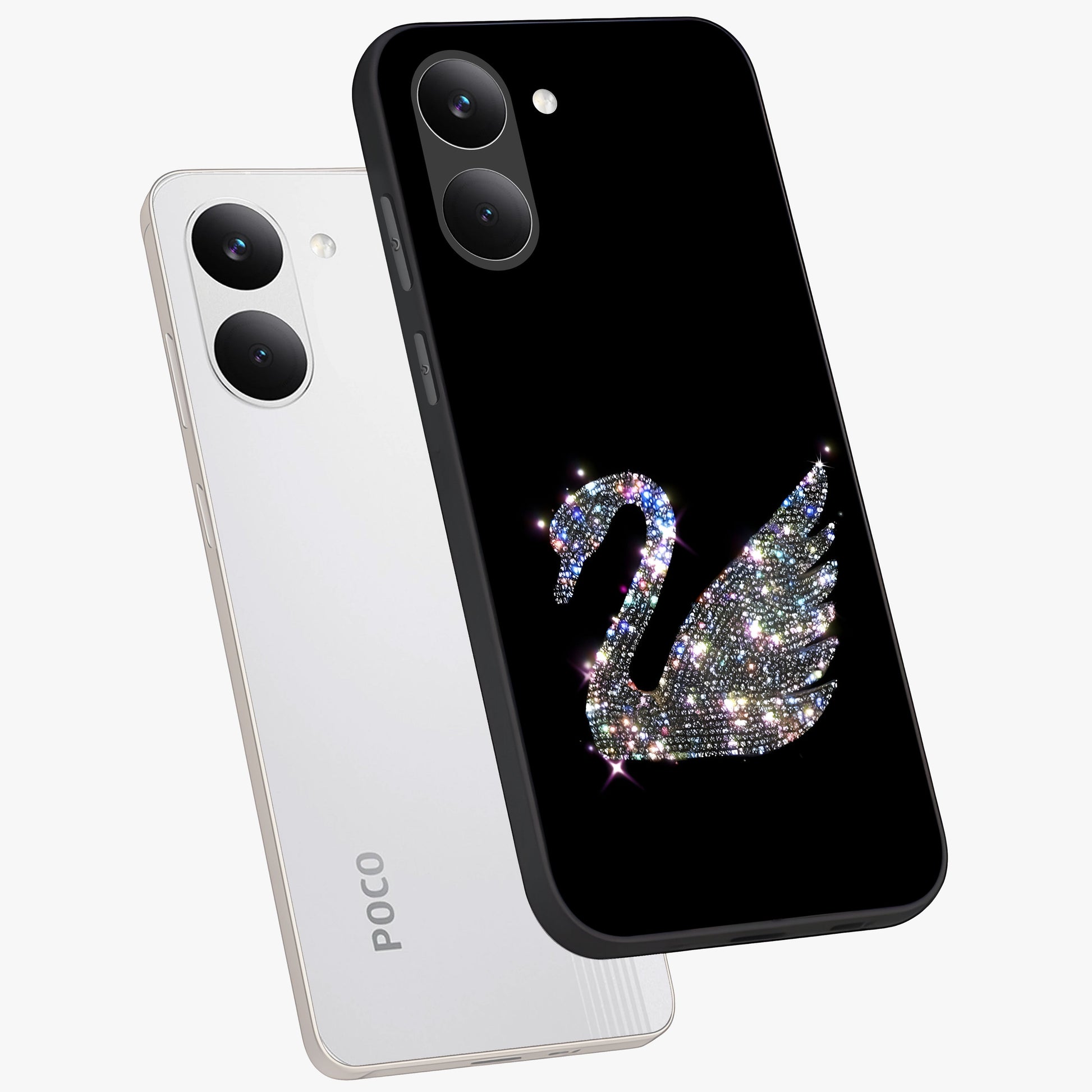 Starlit Swan Grace Glass Case displayed in angled mockup highlighting elegant swan illustration with dreamy celestial aesthetic.