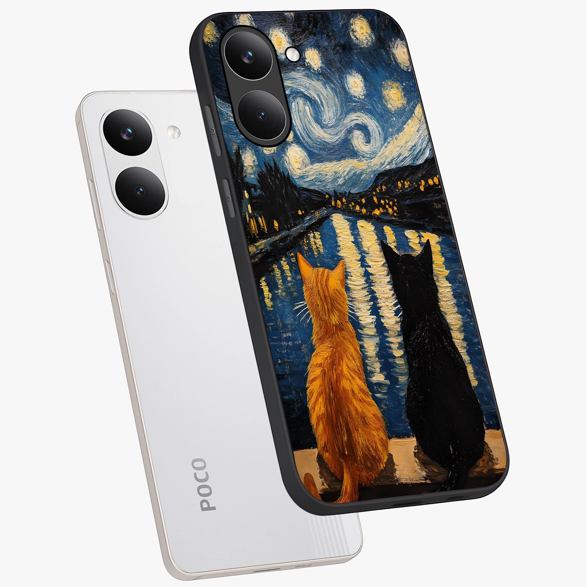 Starry River Cats Glass Case displayed in angled mockup highlighting charming feline illustration with dreamy night aesthetic.
