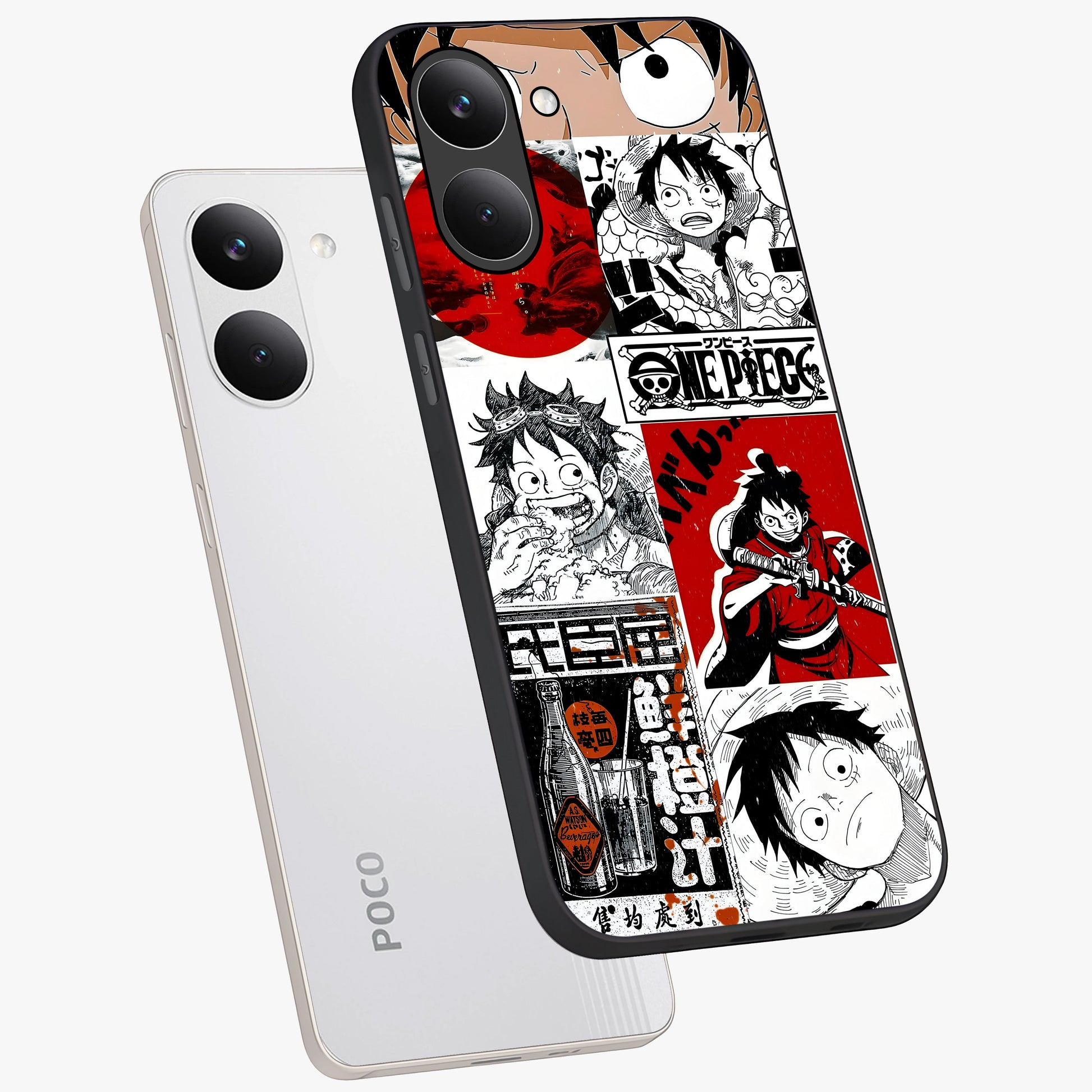 Strawhat Chaos Panels Glass Case displayed in angled mockup highlighting vibrant anime collage design with action aesthetic.
