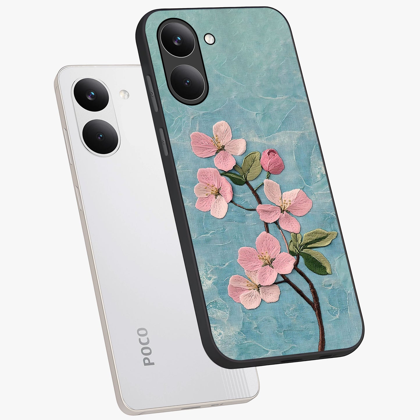 Threaded Blossom Breeze Glass Case displayed in angled mockup highlighting elegant floral design with soft aesthetic style.