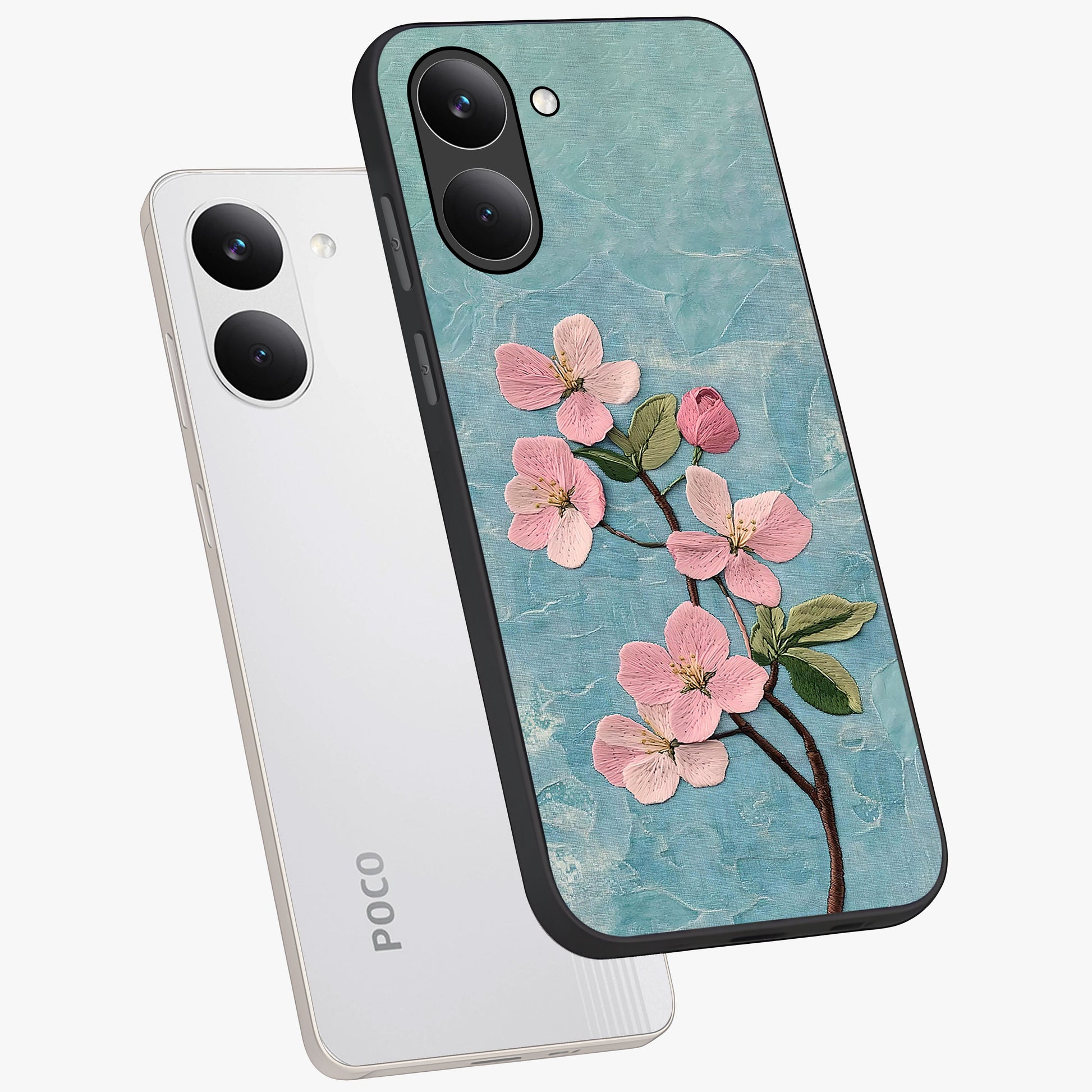Threaded Blossom Breeze Glass Case displayed in angled mockup highlighting elegant floral design with soft aesthetic style.