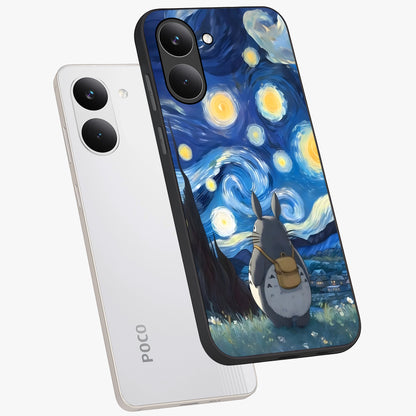 Totoro In Van Gogh Art Glass Case displayed in angled mockup highlighting artistic swirling sky design with playful animation aesthetic.