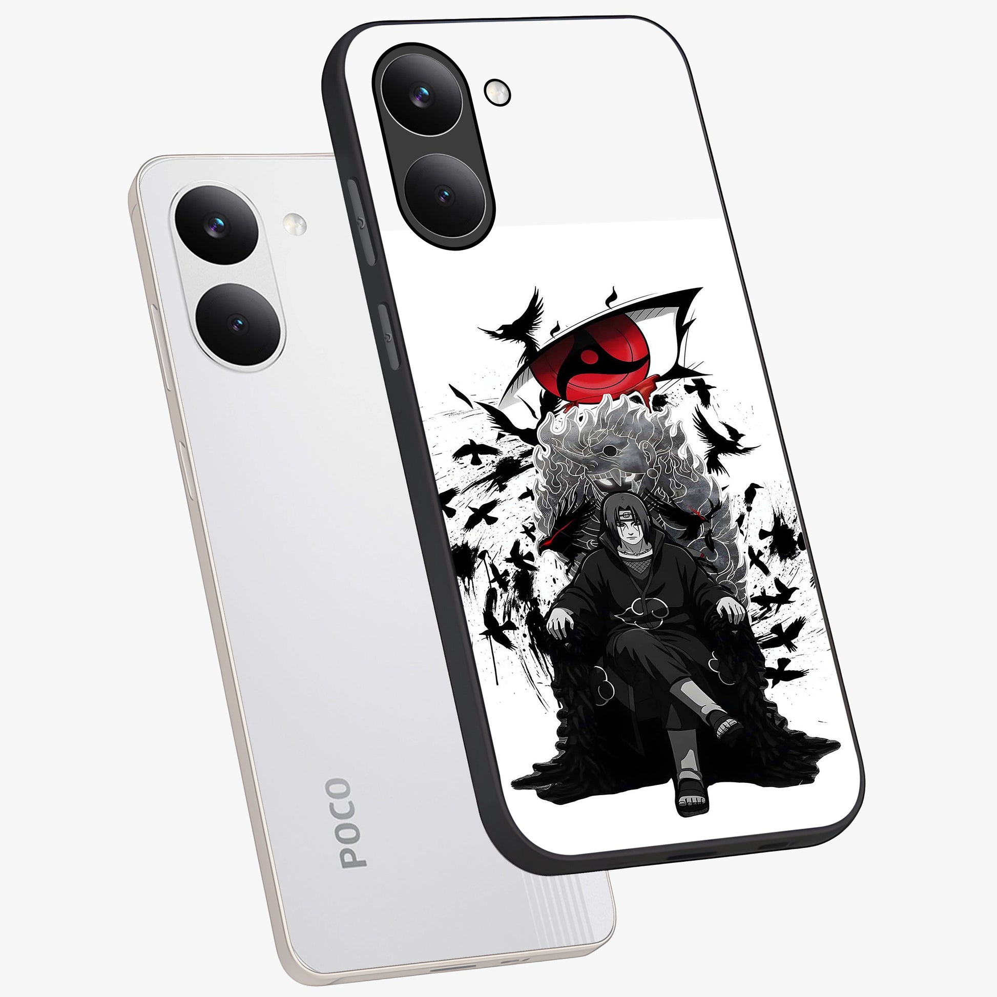 Uchiha Shadow Throne Glass Case displayed in angled mockup highlighting glowing aquatic design with celestial aesthetic.
