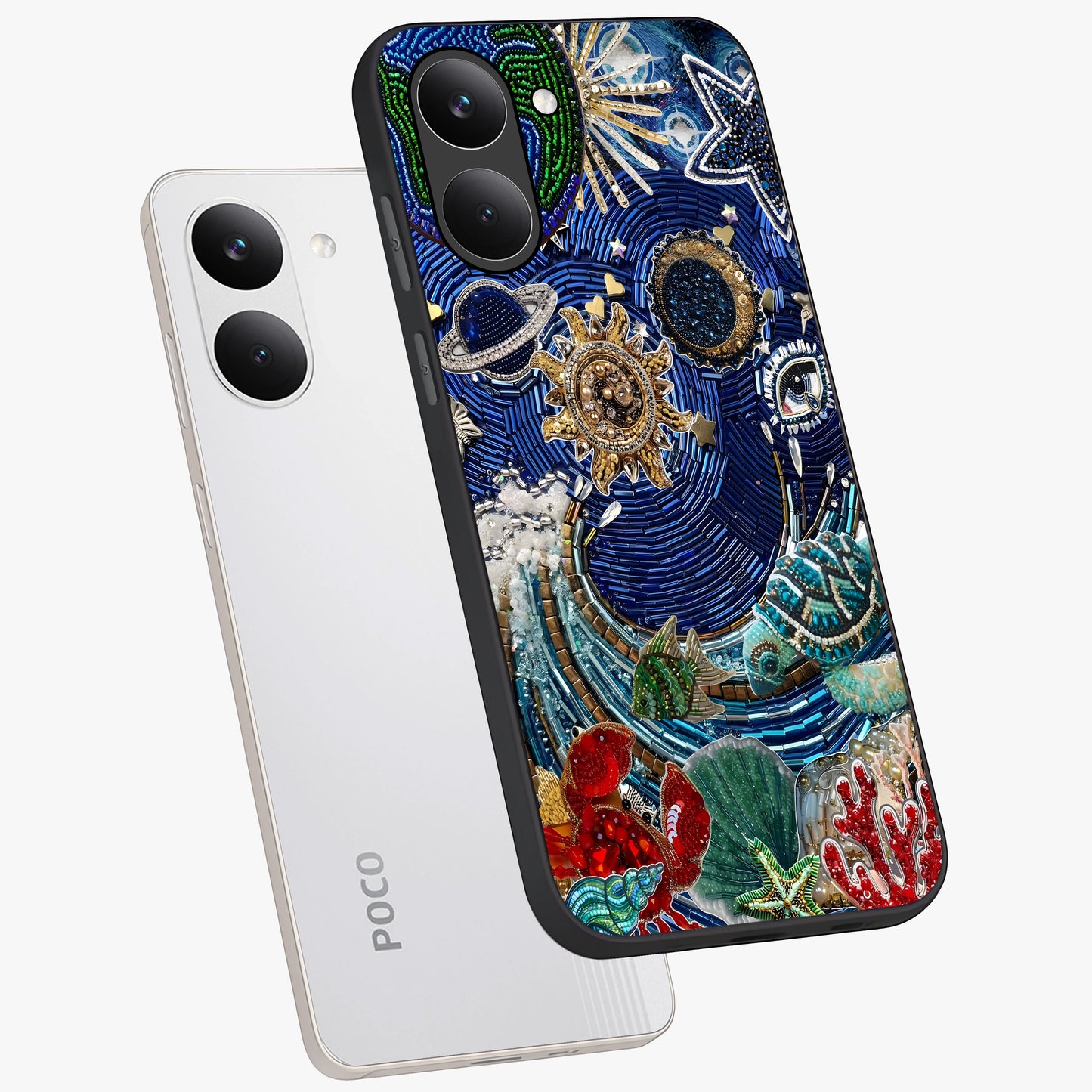 Universe Underwater Spark Glass Case displayed in angled mockup highlighting glowing aquatic design with celestial aesthetic.
