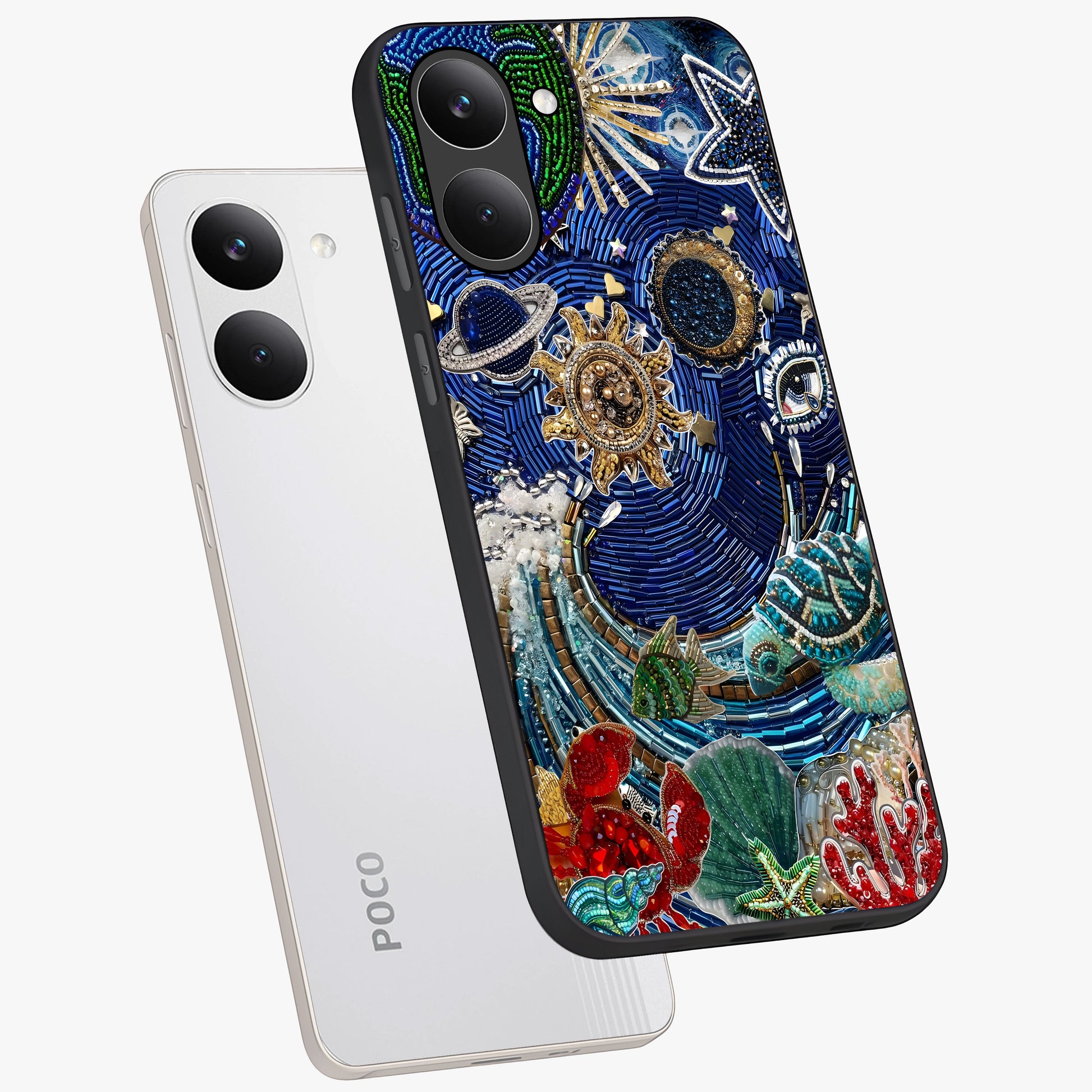 Universe Underwater Spark Glass Case displayed in angled mockup highlighting glowing aquatic design with celestial aesthetic.