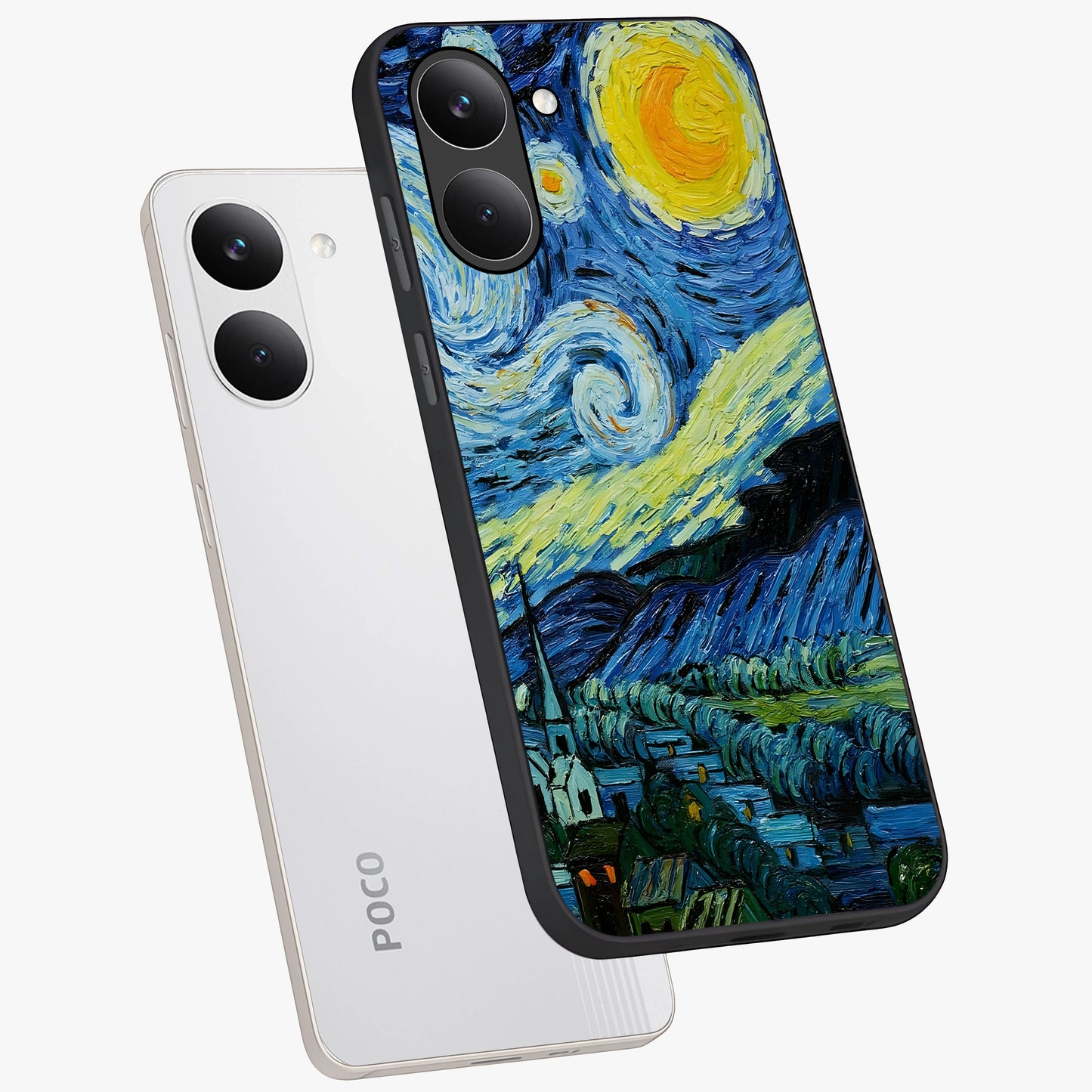 Van Gogh Art Glass Case displayed in angled mockup highlighting swirling brushstroke design with artistic aesthetic.