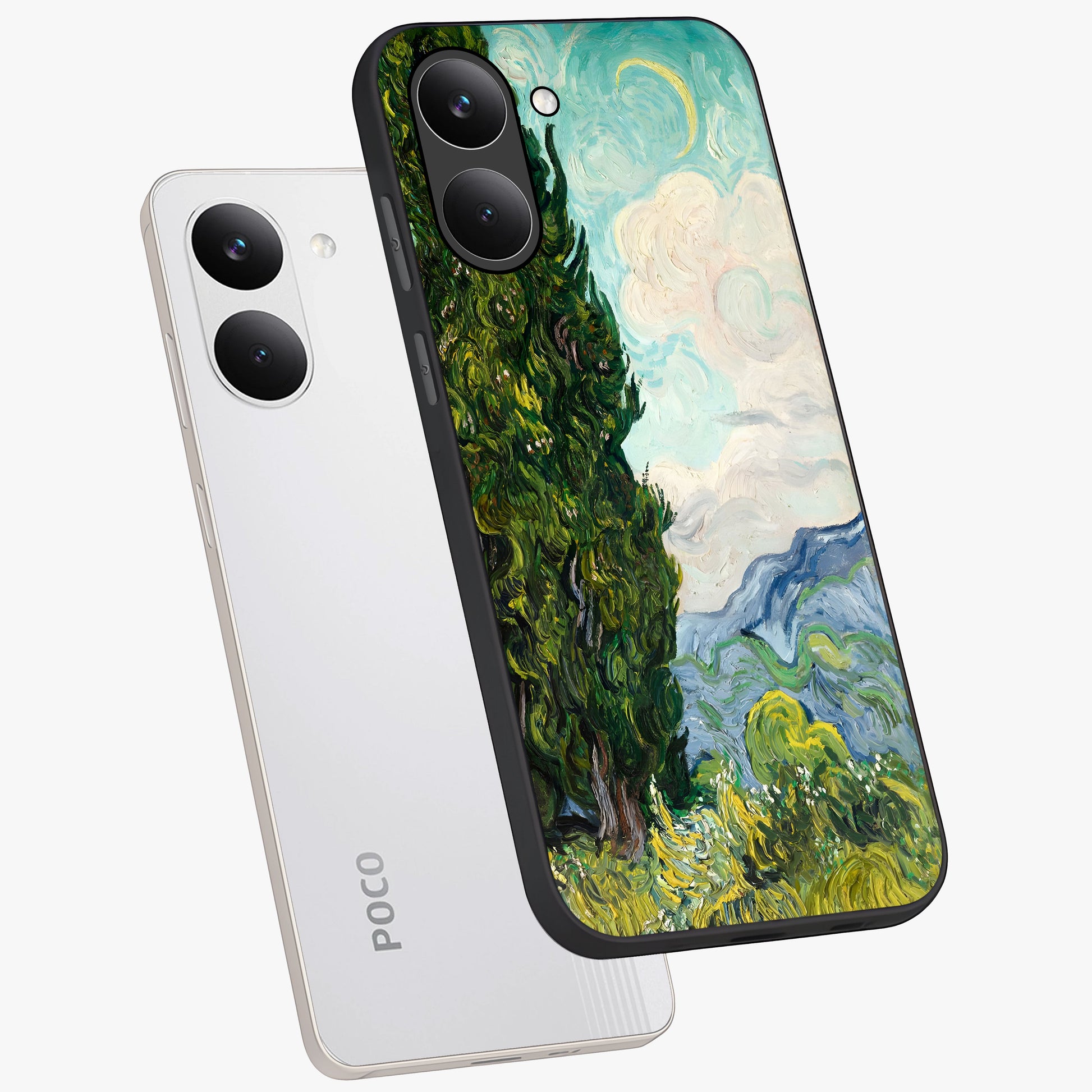 Van Gogh Vintage Art Glass Case displayed in angled mockup highlighting textured brushstroke design with classic aesthetic.