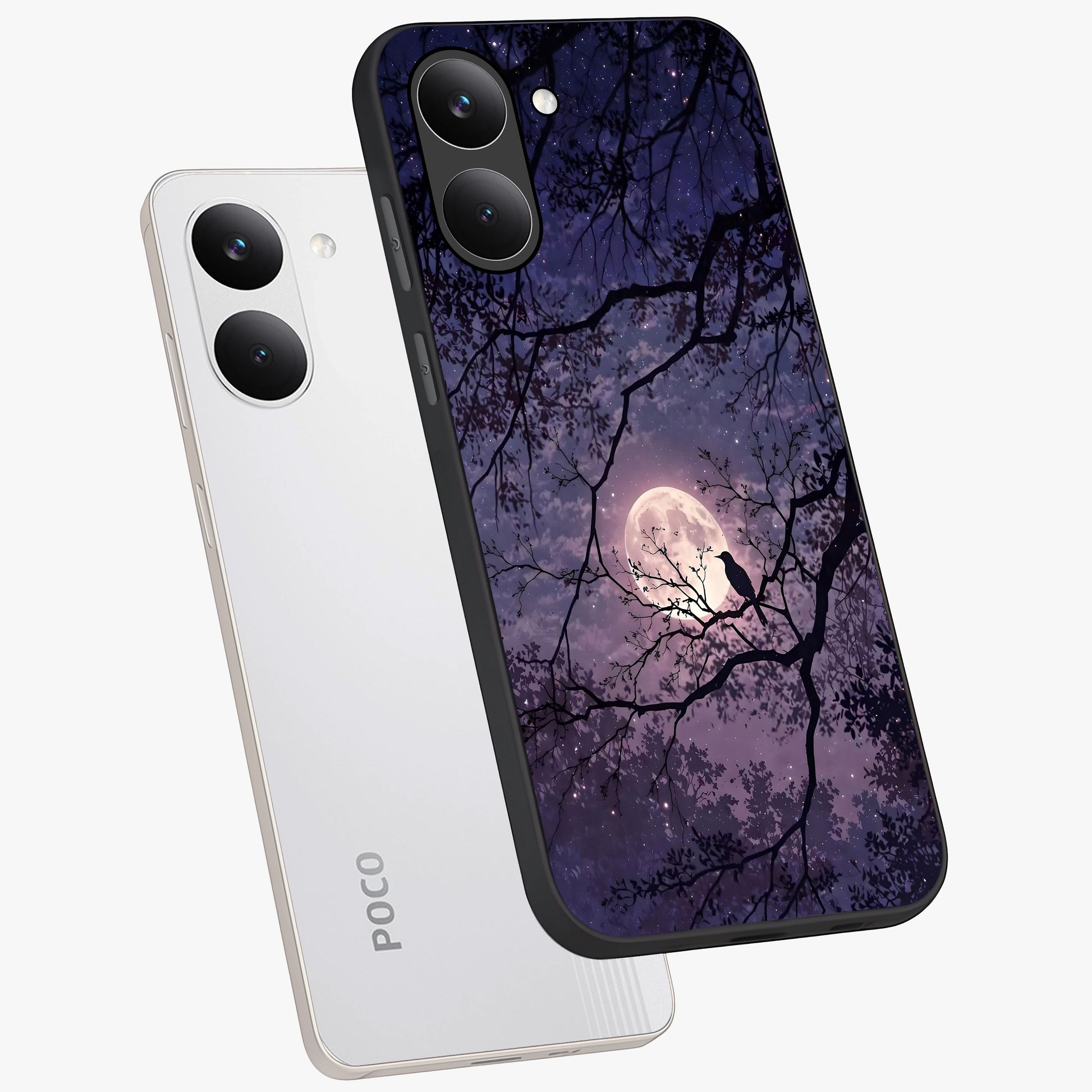 Whispering Moon Silence Glass Case displayed in angled mockup highlighting calm lunar design with dreamy night aesthetic.