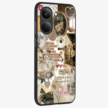 Aesthetic Brown Vintage Collage Glass Case upright view showcasing nostalgic retro artwork with stylish vintage theme.
