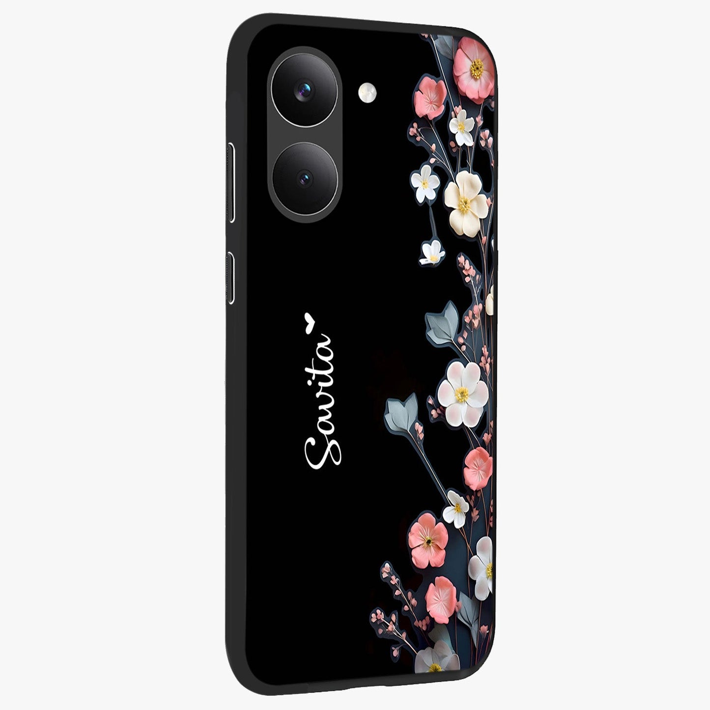 Black Elegance Floral Custom Name Glass Case upright view showcasing luxurious black floral design with personalized name detail.