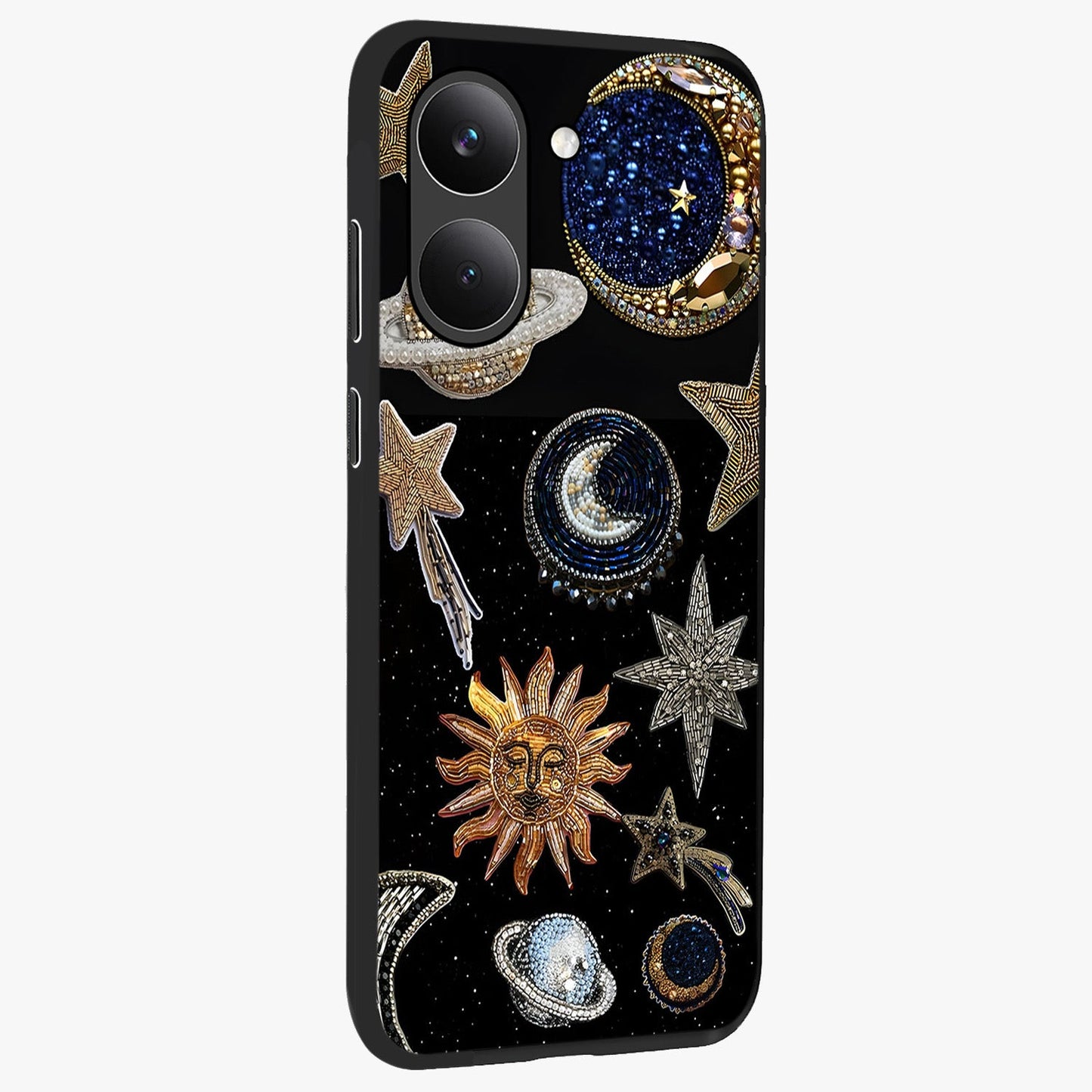 Celestial Gem Constellations Glass Case upright view showcasing cosmic constellation artwork with celestial aesthetic style.