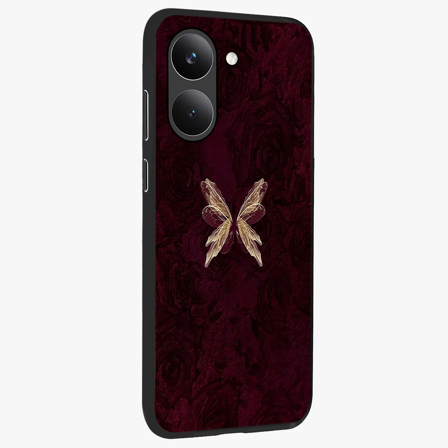 Crimson Fade Butterfly Glass Case upright view showcasing graceful butterfly artwork with soft crimson fade effect.