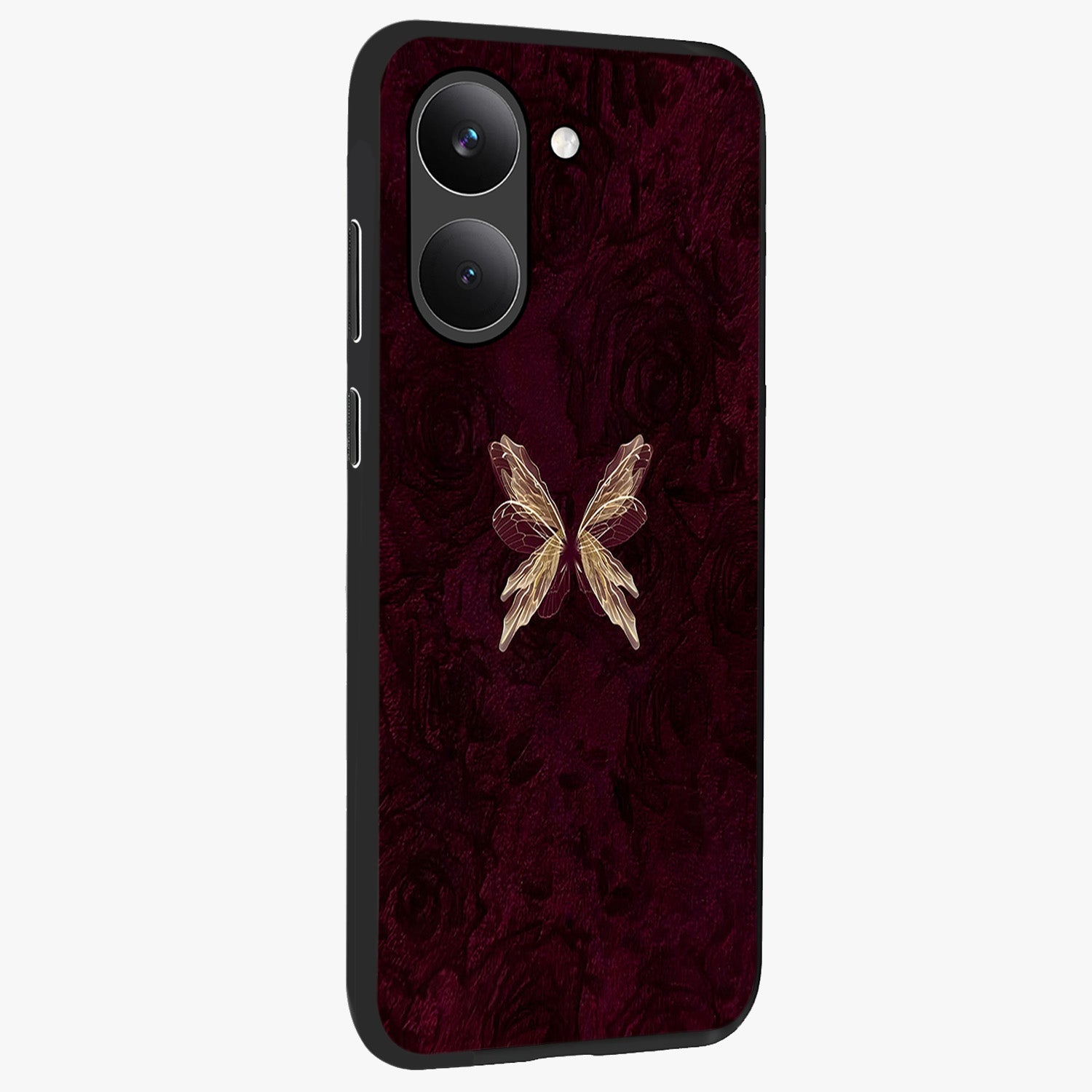 Crimson Fade Butterfly Glass Case upright view showcasing graceful butterfly artwork with soft crimson fade effect.