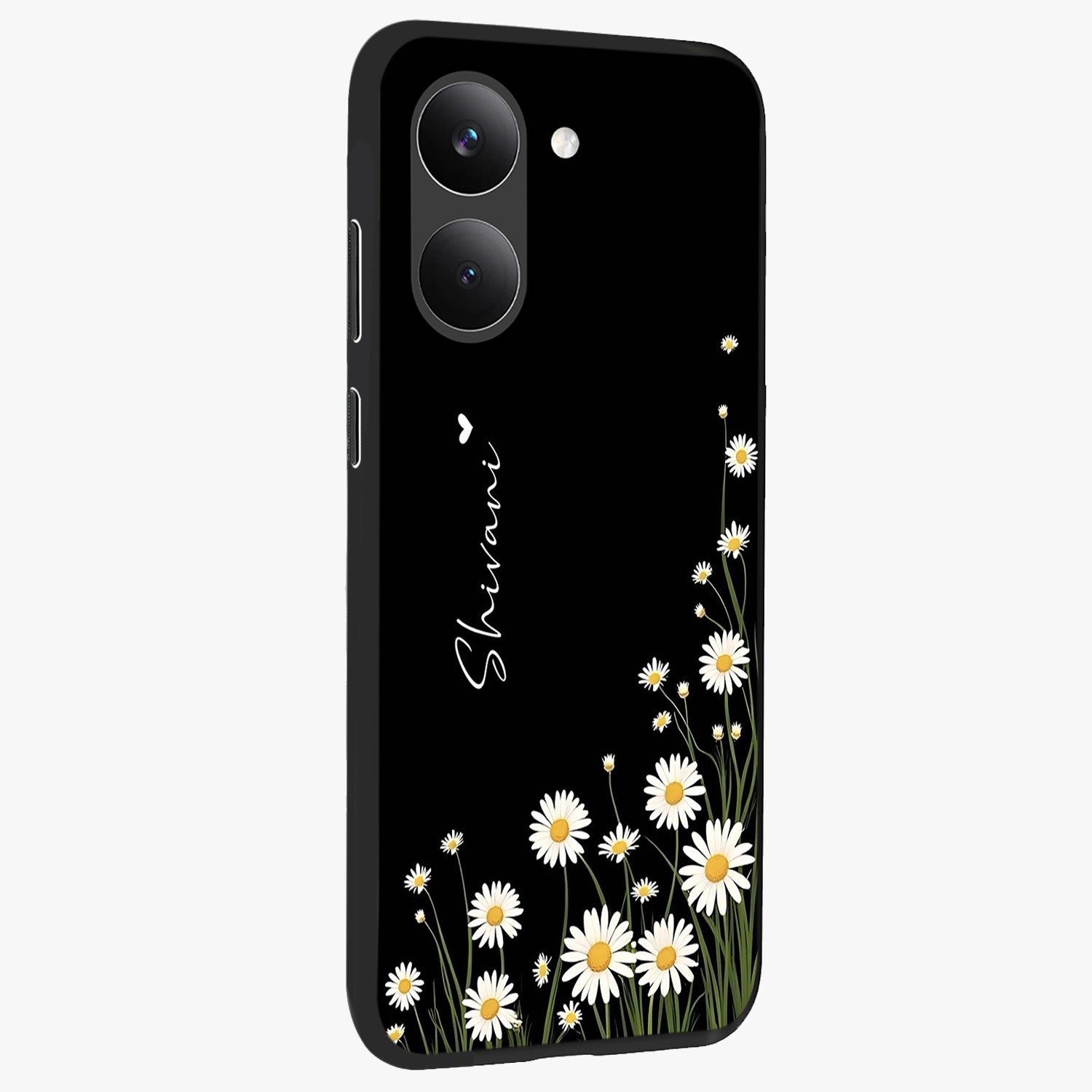 Daisy Cascade Custom Name Glass Case upright view showcasing elegant floral cascade design with personalized aesthetic.