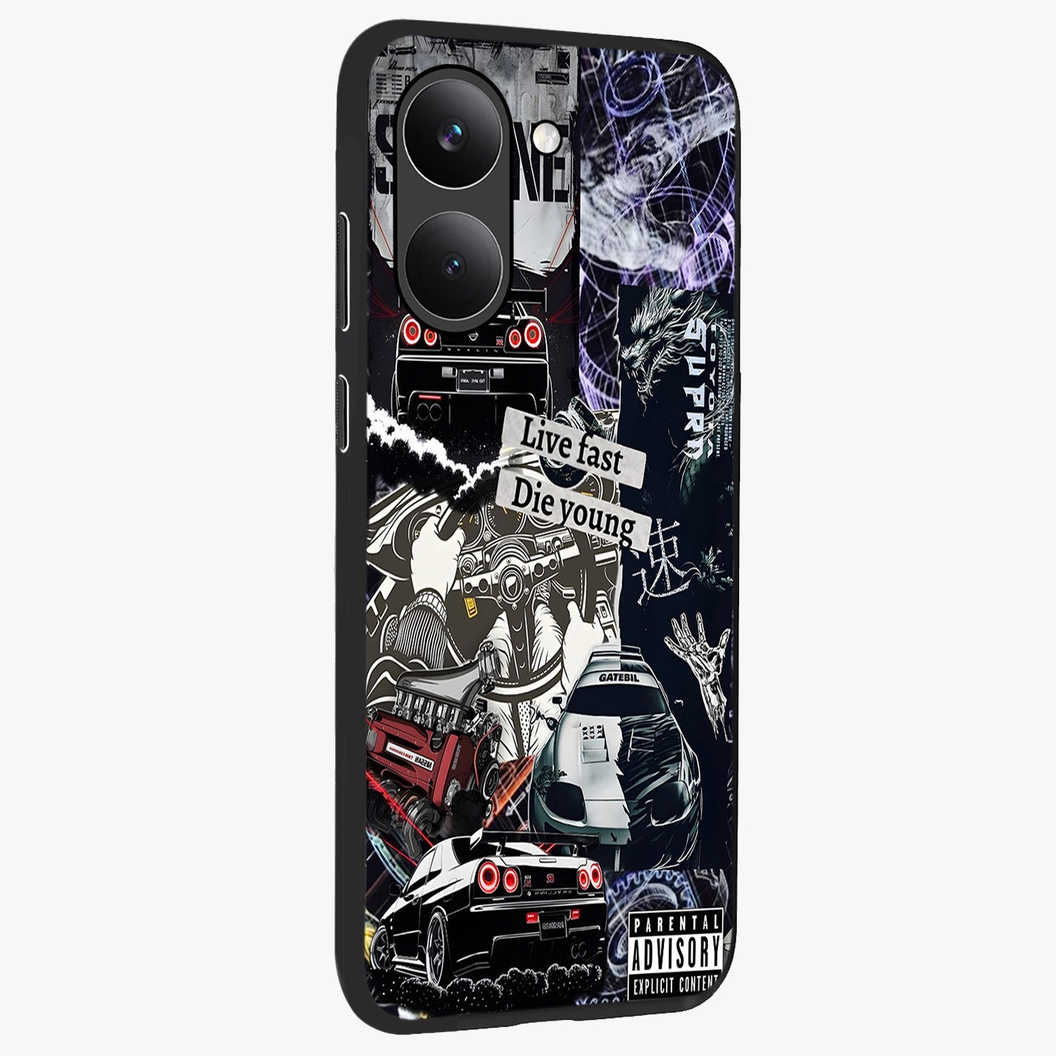 Die Young Glass Case upright view showcasing striking typography artwork with modern statement theme.