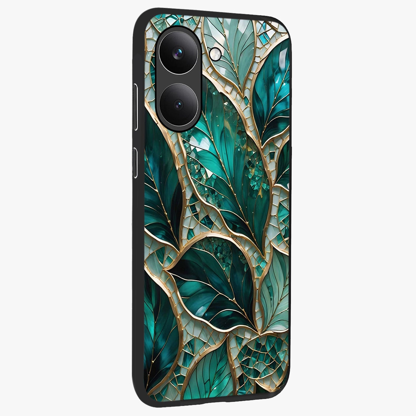 Emerald Leaf Glass Glass Case upright view showcasing fresh green leaf artwork with calming nature inspired style.