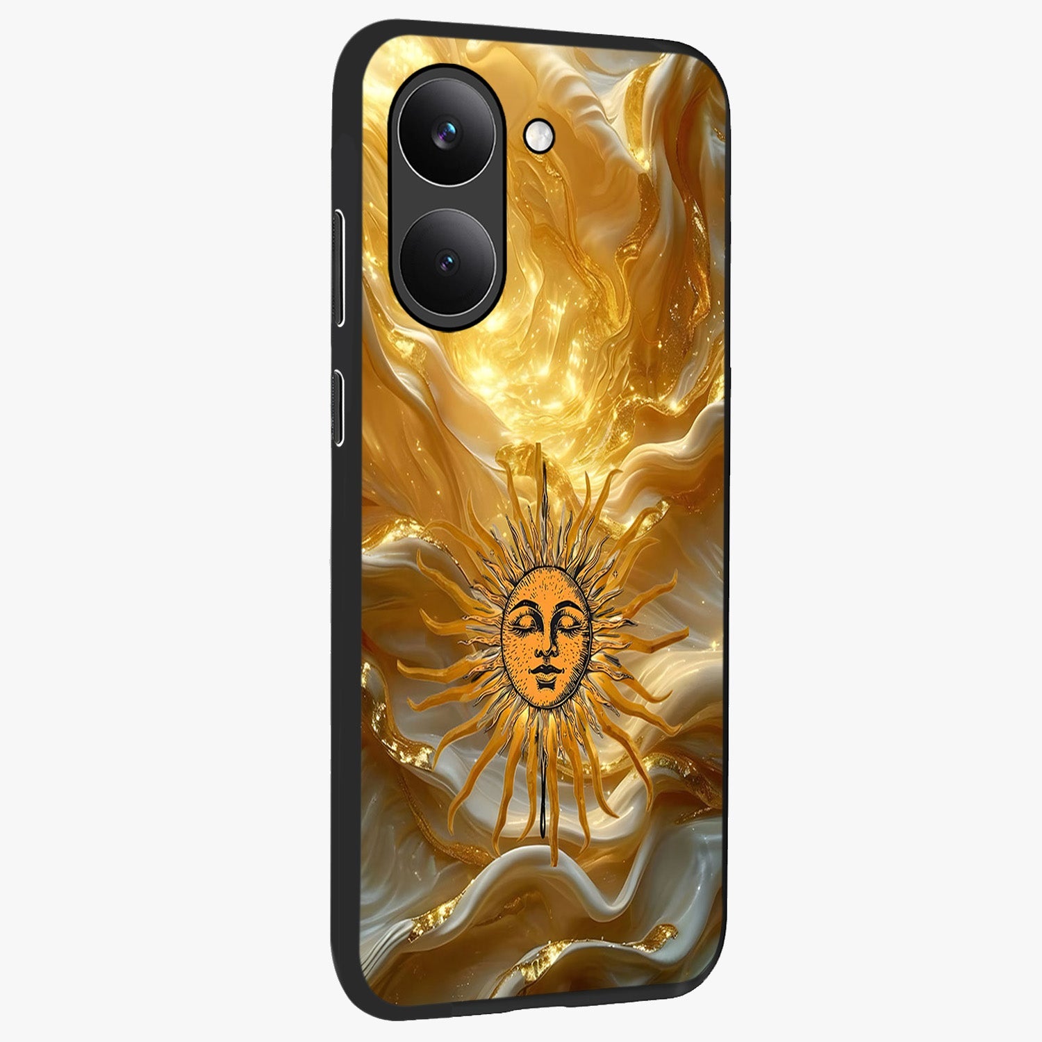 Eternal Golden Glow Glass Case upright view showcasing luminous golden artwork with luxurious visual theme.
