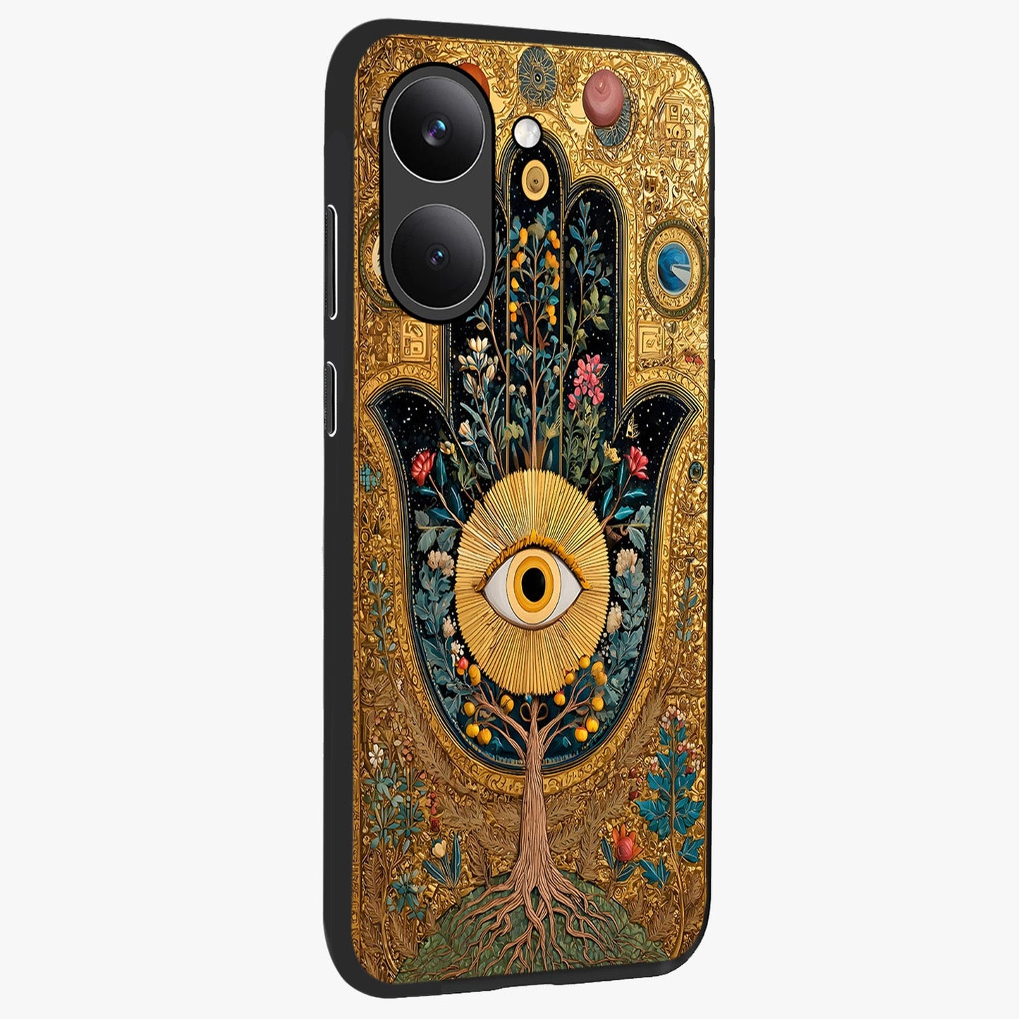 Ethereal Evil Eye Glass Case upright view showcasing celestial evil eye artwork with mystical theme.