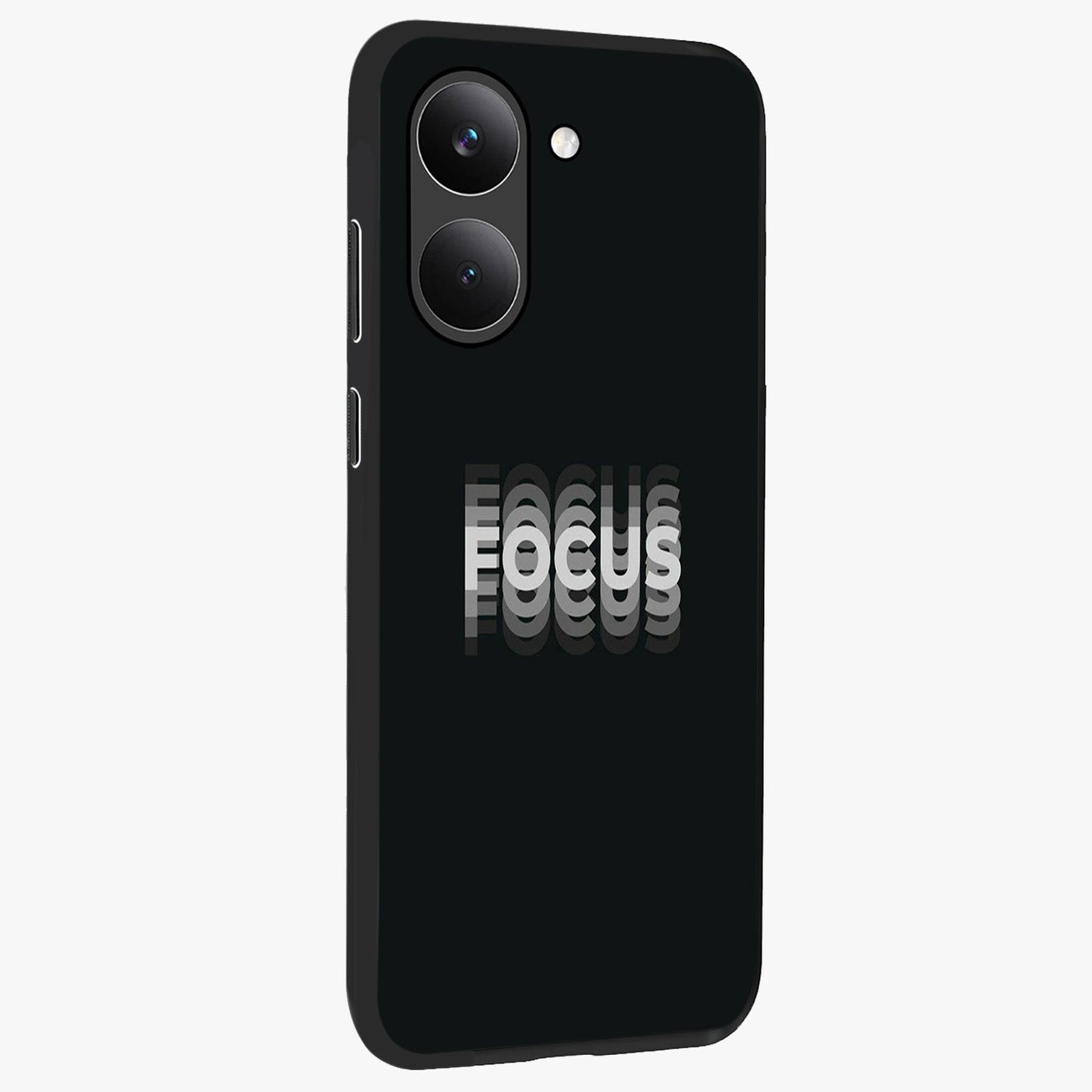 Focus Mode On Glass Case upright view showcasing strong typography statement with sleek motivational theme.