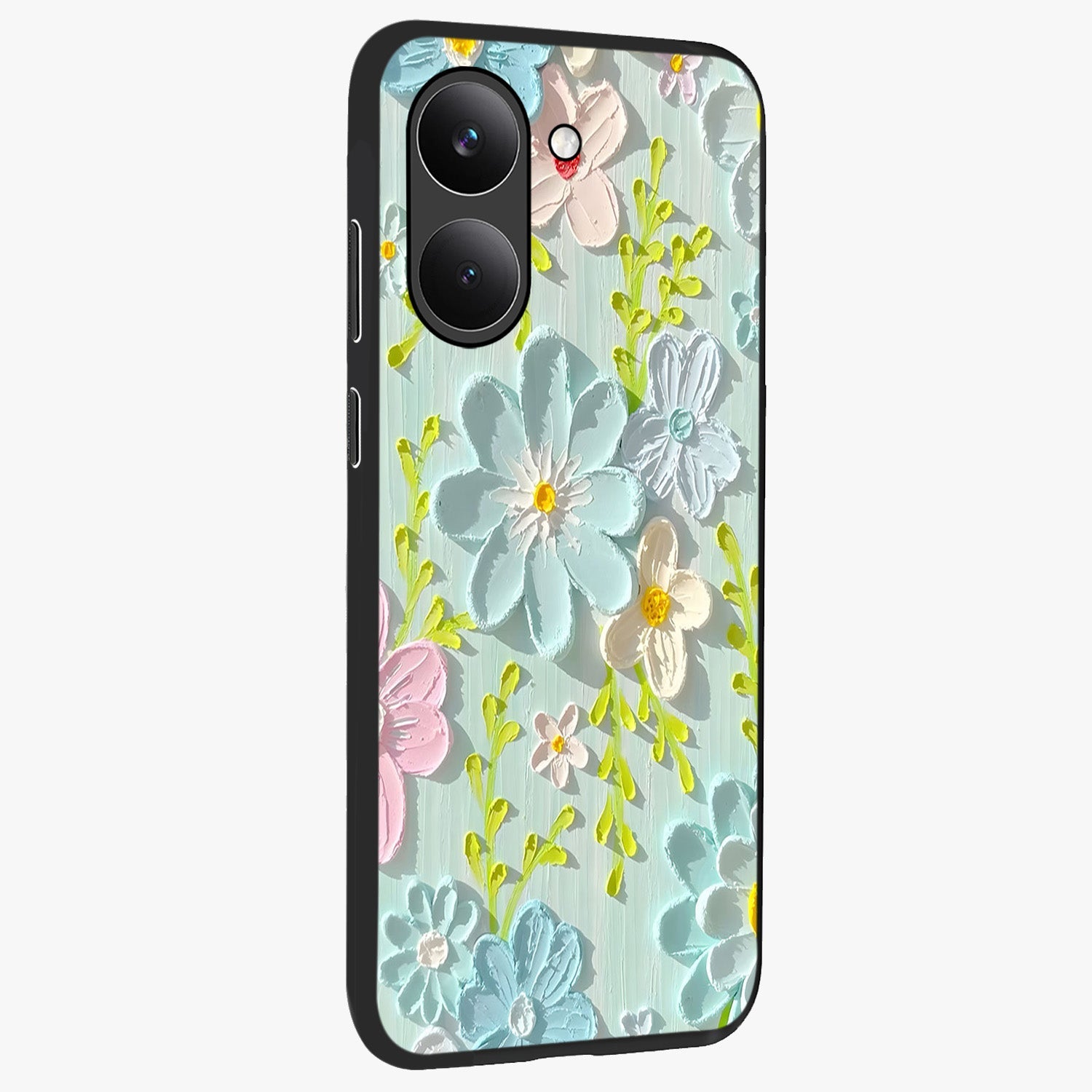 Frosted Petal Garden Glass Case upright view showcasing elegant floral garden artwork with soothing pastel theme.