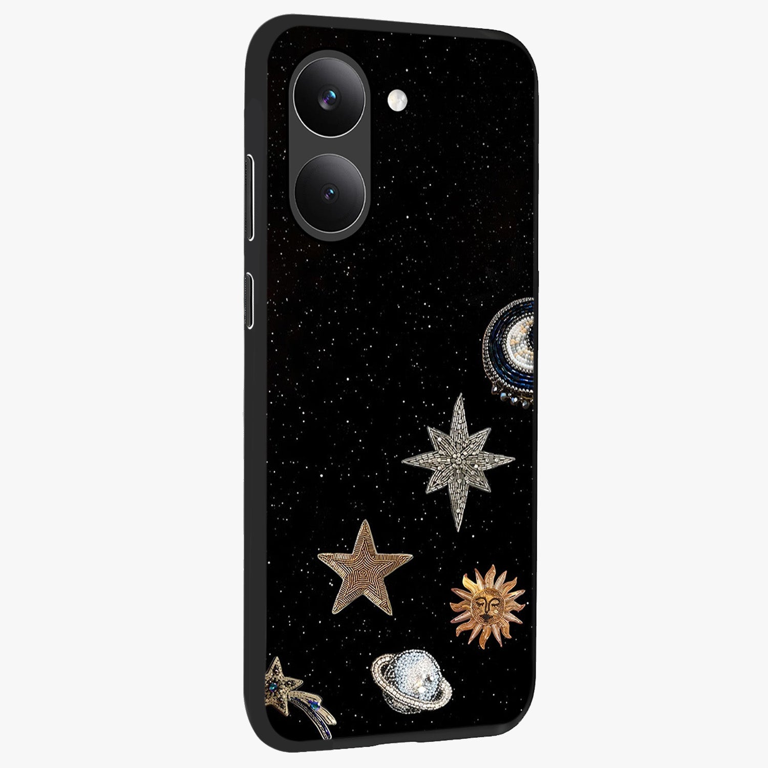 Galactic Charm Glow Glass Case upright view showcasing glowing cosmic charm artwork with magical celestial style.
