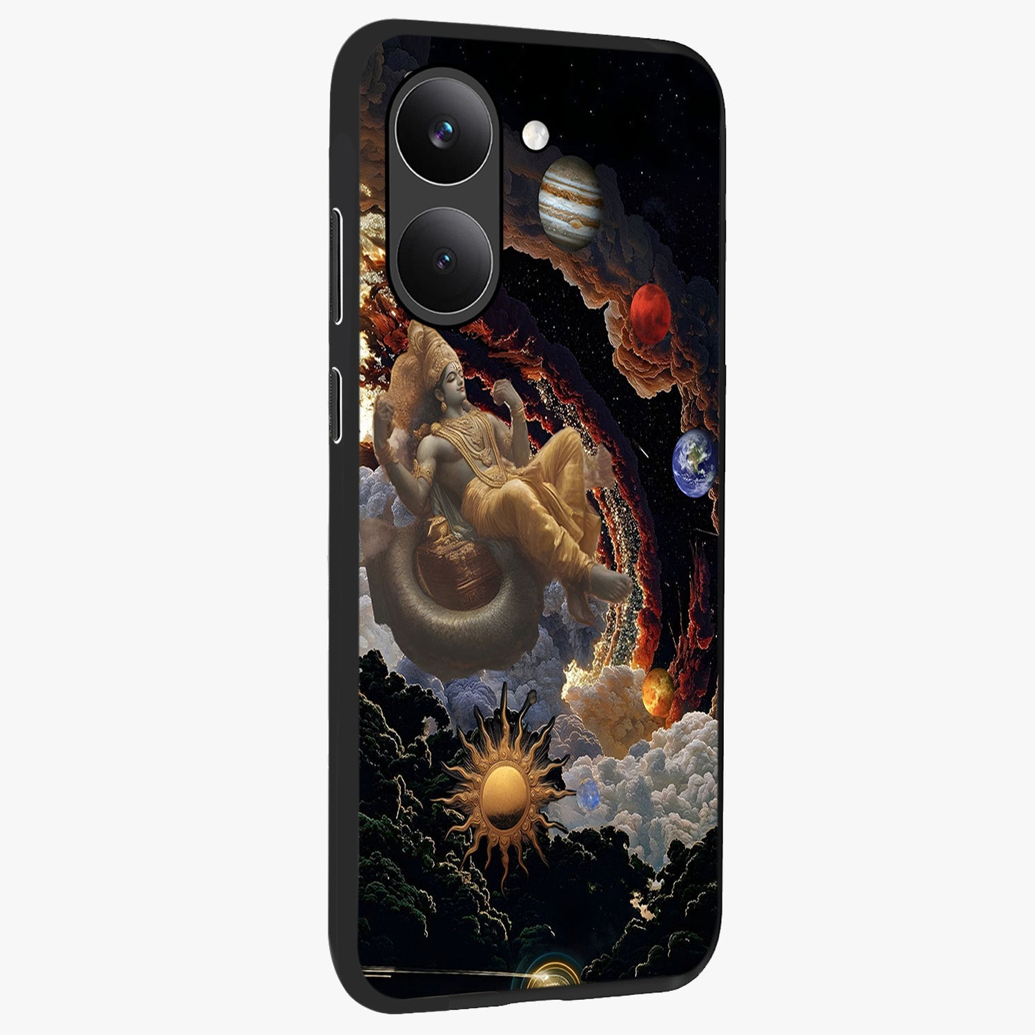 Galactic Divine God Glass Case upright view showcasing mystical divine artwork with dramatic cosmic theme.