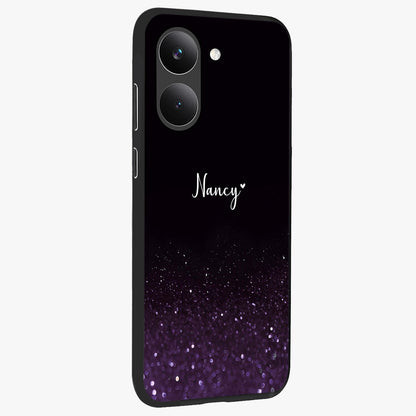 Glittery Purple Bokeh Custom Name Glass Case upright view showcasing vibrant purple sparkle artwork with personalized aesthetic style.