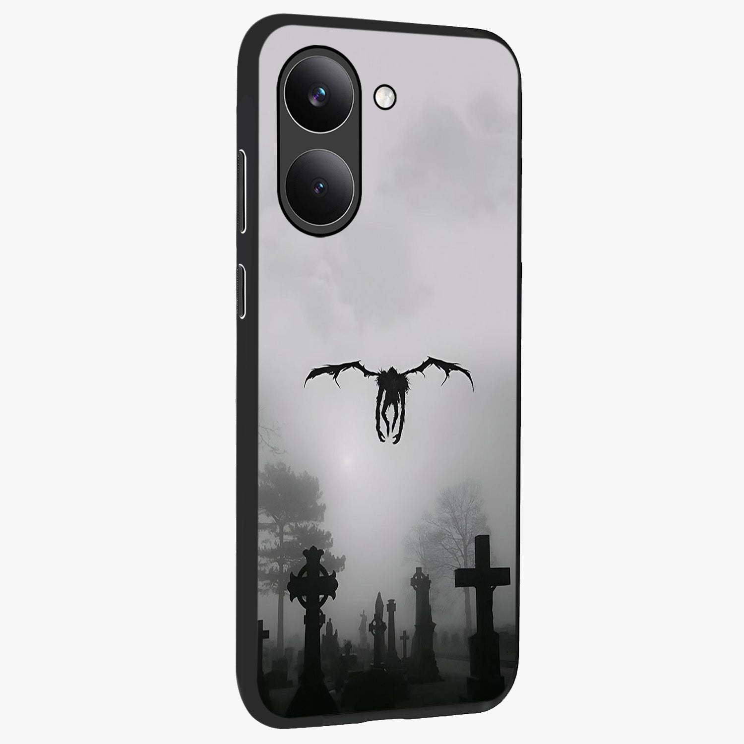 Graveyard Shadow Descent Glass Case upright view showcasing haunting graveyard artwork with dramatic dark theme.